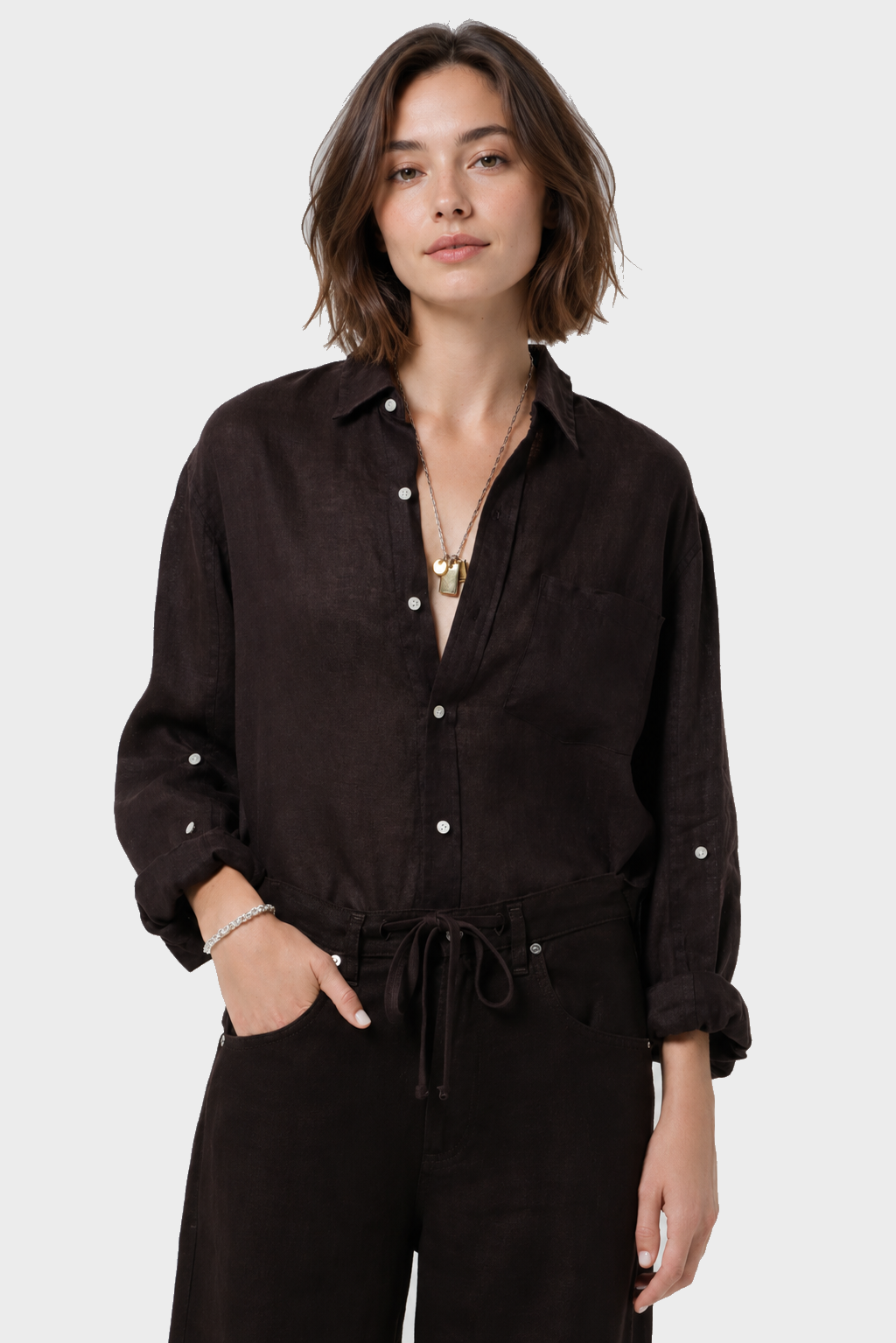 CITIZENS OF HUMANITY Kayla Shrunken Linen Shirt in Chocolate
