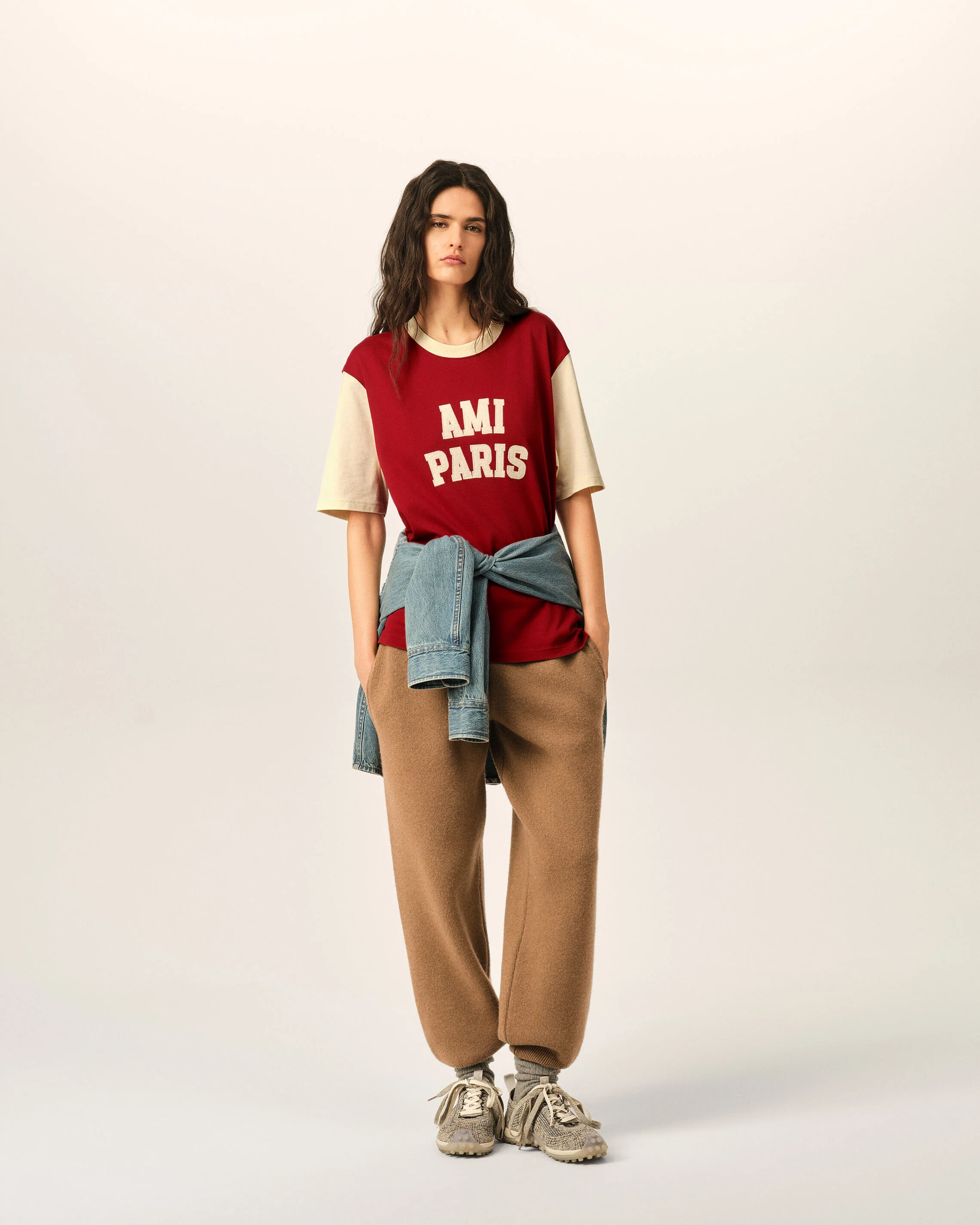 AMI PARIS Varsity T-Shirt in Ruby Red / Ivory