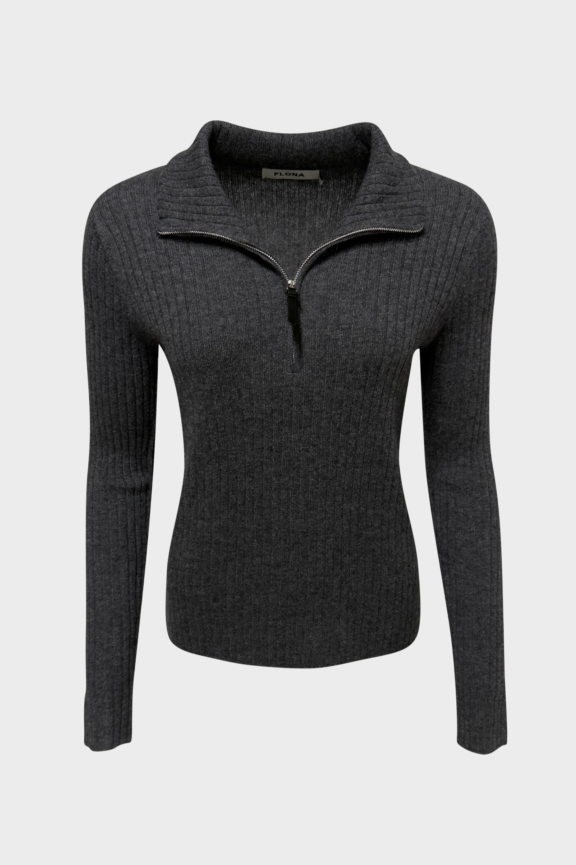 FLONA Cashmere Half Zip Rip Sweater Grey