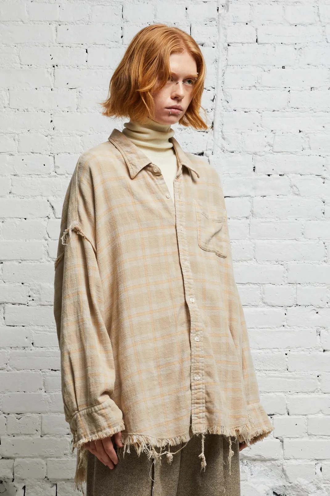 R13 Shredded Seam Shirt in Khaki Overdye Plaid