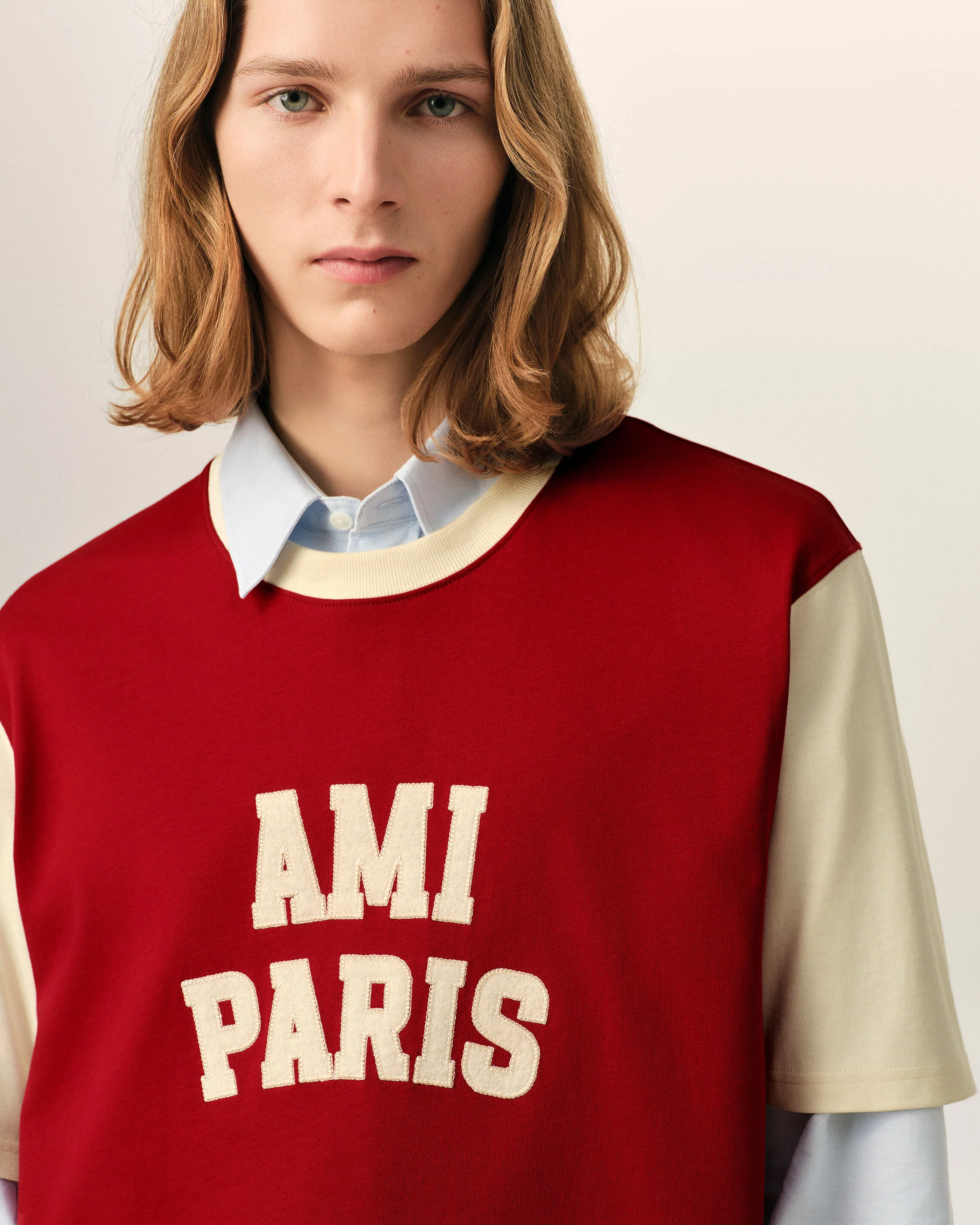 AMI PARIS Varsity T-Shirt in Ruby Red / Ivory