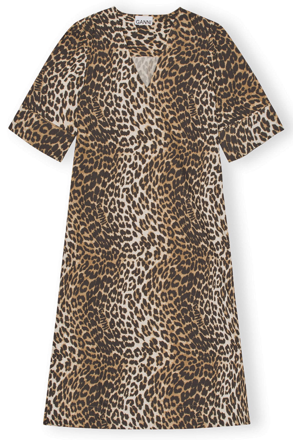 GANNI Printed Cotton Wide Midi Dress in Leopard 36