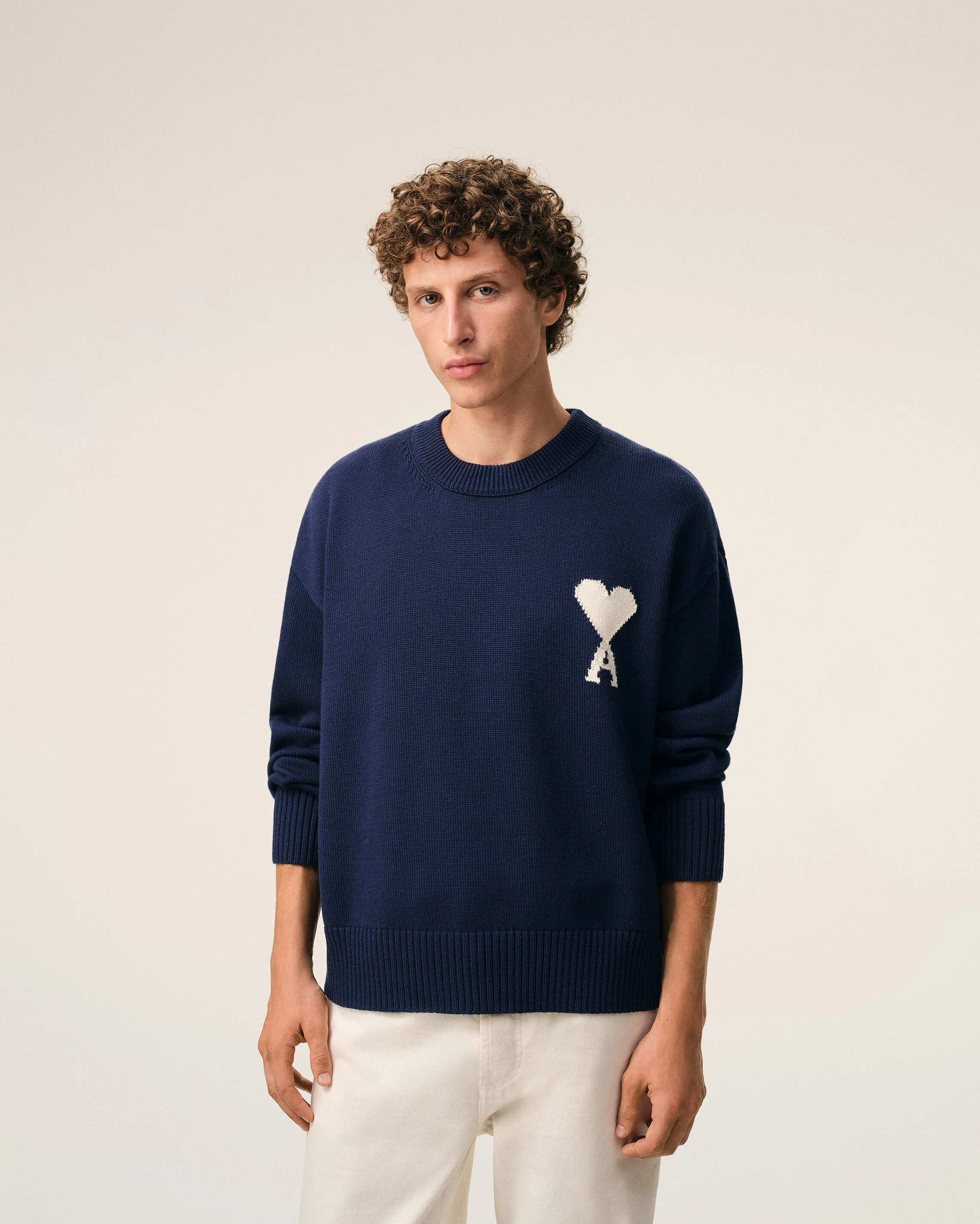 AMI PARIS de Coeur Wool/Cotton Knit Pullover in Navy