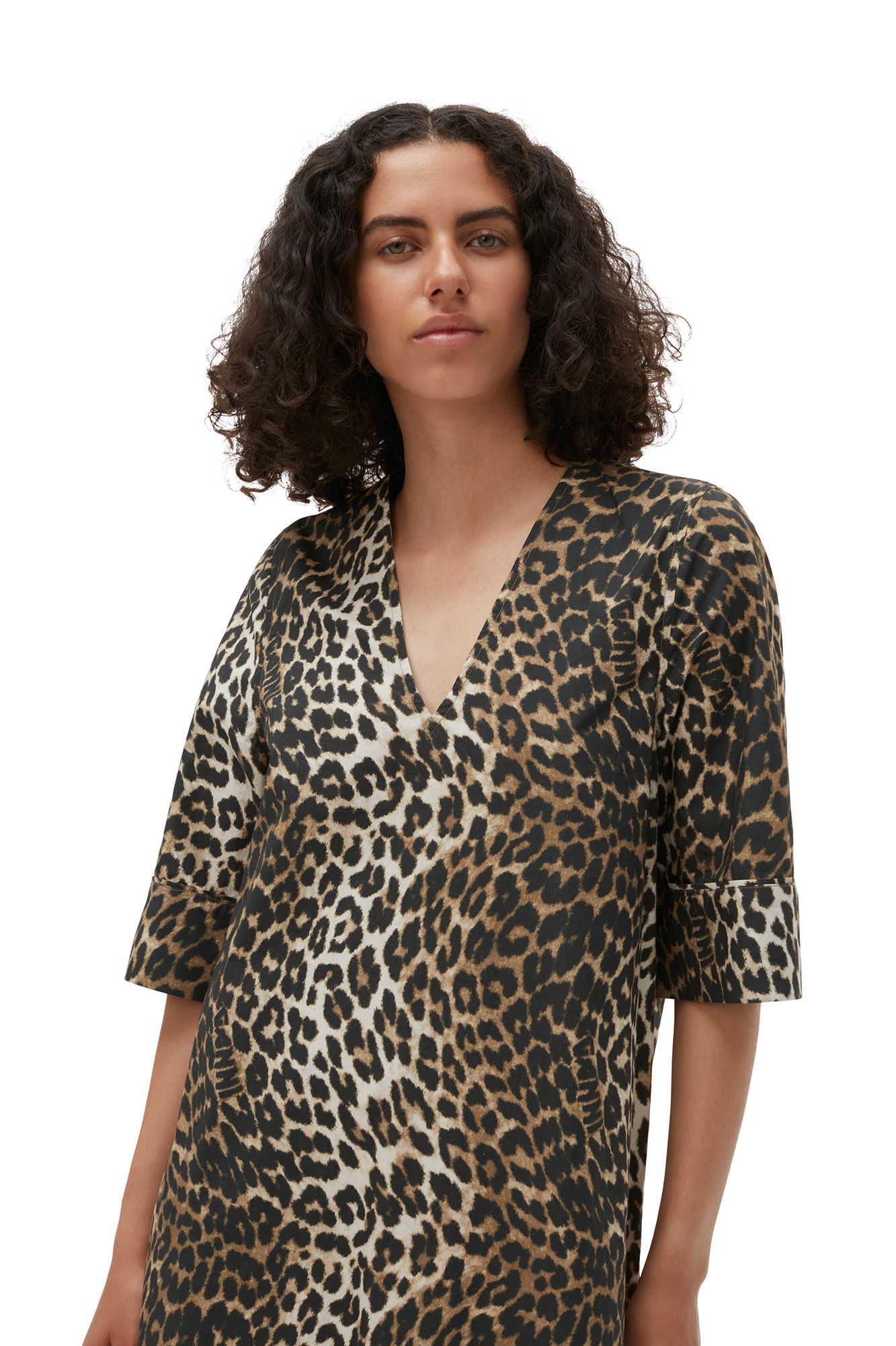 GANNI Printed Cotton Wide Midi Dress in Leopard