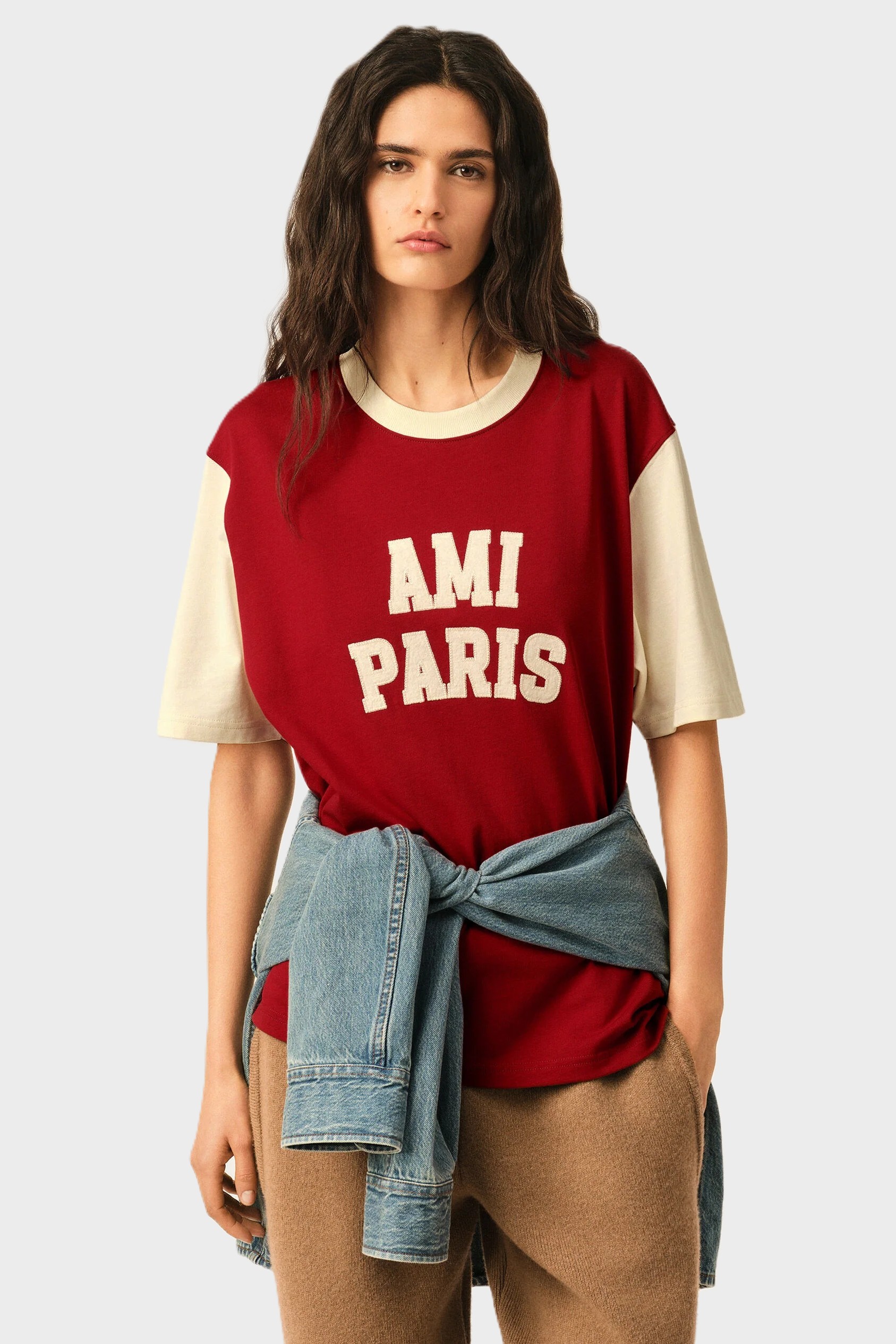 AMI PARIS Varsity T-Shirt in Ruby Red / Ivory