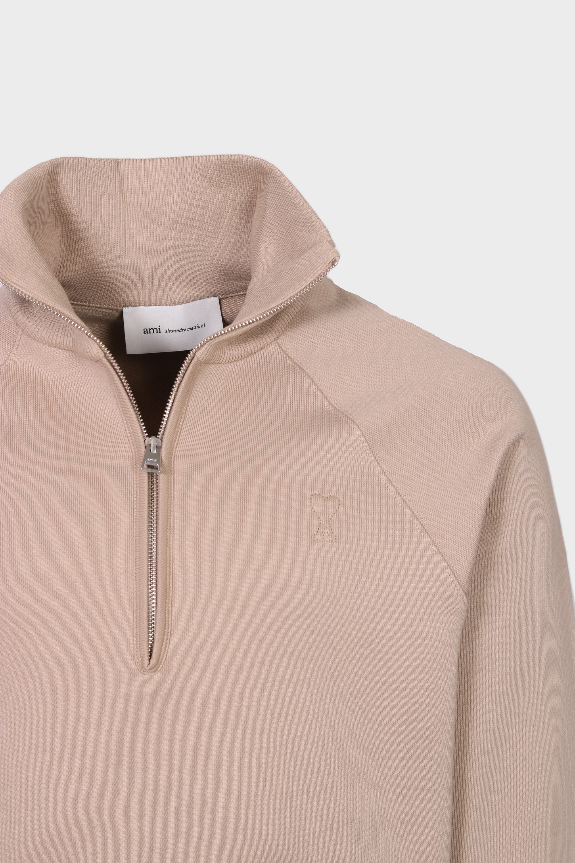 AMI PARIS de Coeur Embossed Half Zip Sweater in Mastic Beige