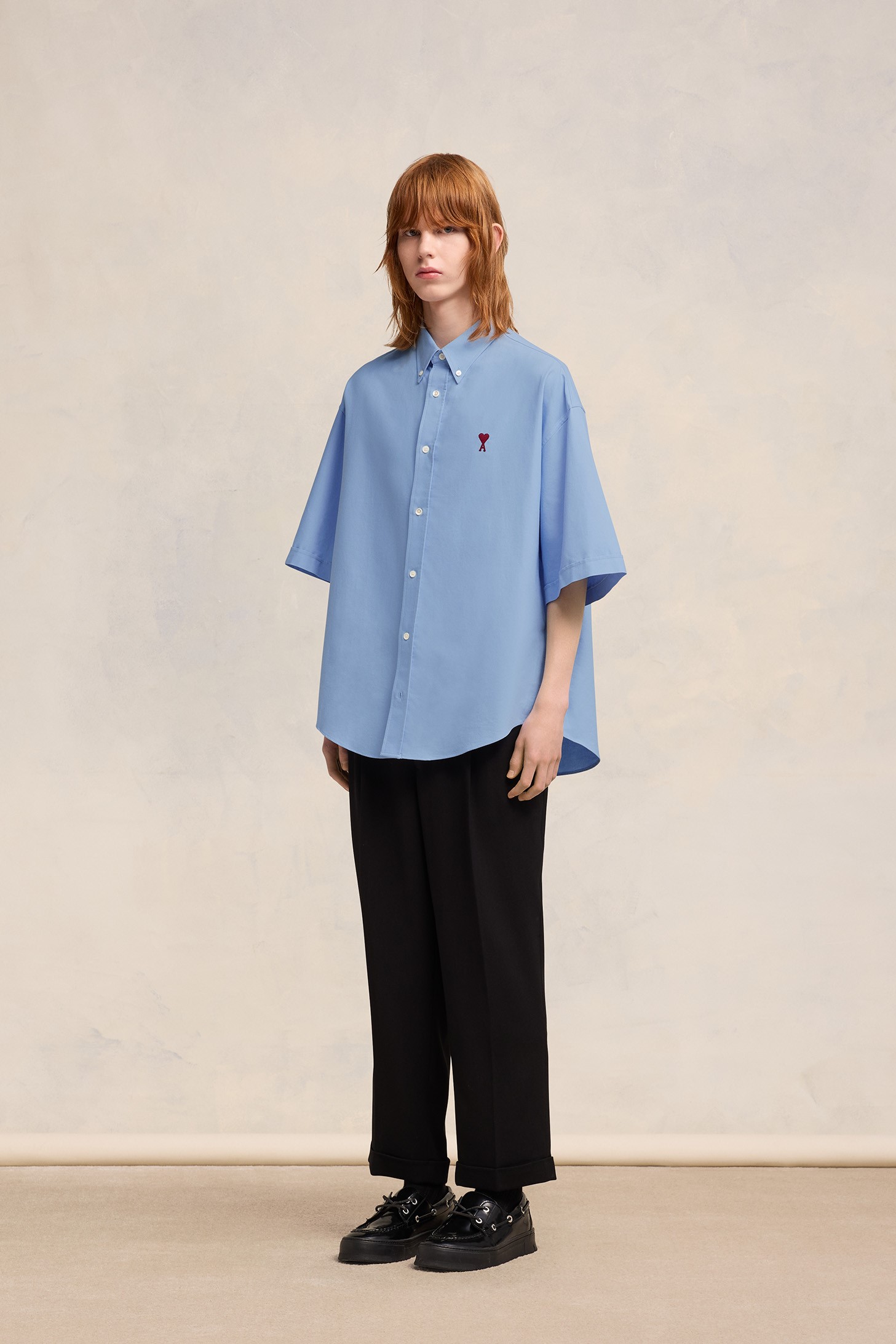 AMI PARIS de Coeur Boxy Fit Short Sleeve Shirt in Cashmere Blue M