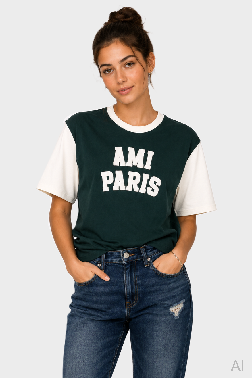 AMI PARIS Varsity T-Shirt in Bottle Green / Ivory