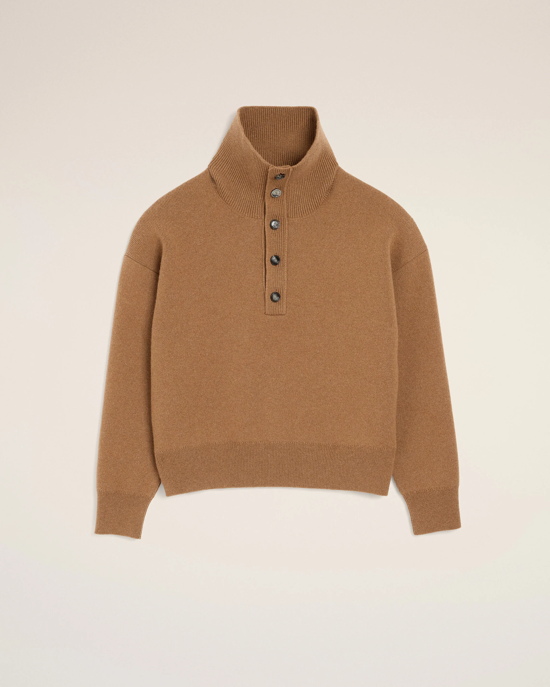 AMI PARIS High Buttoned Collar Heavy Knit Sweater in Camel