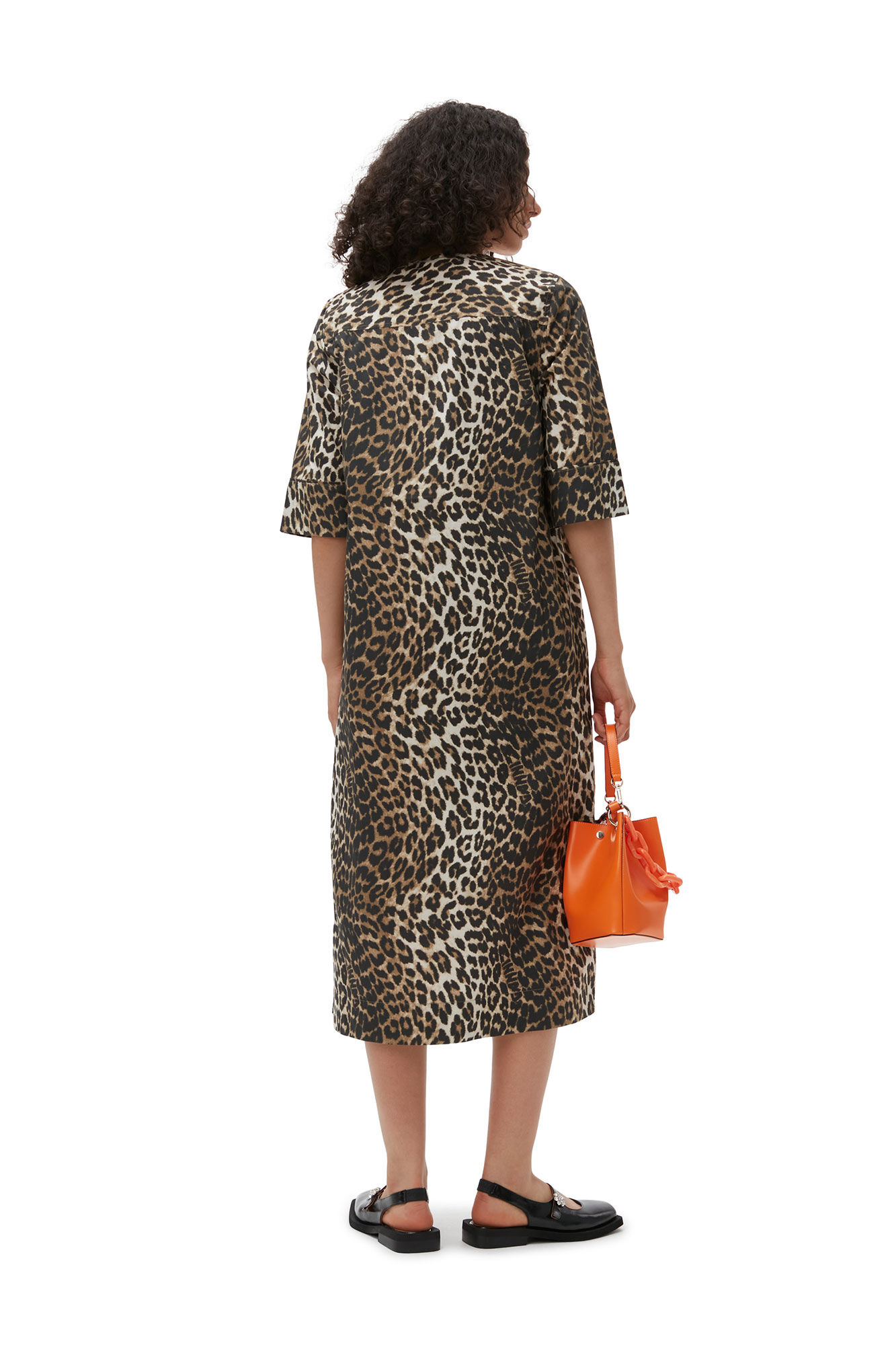 GANNI Printed Cotton Wide Midi Dress in Leopard 36