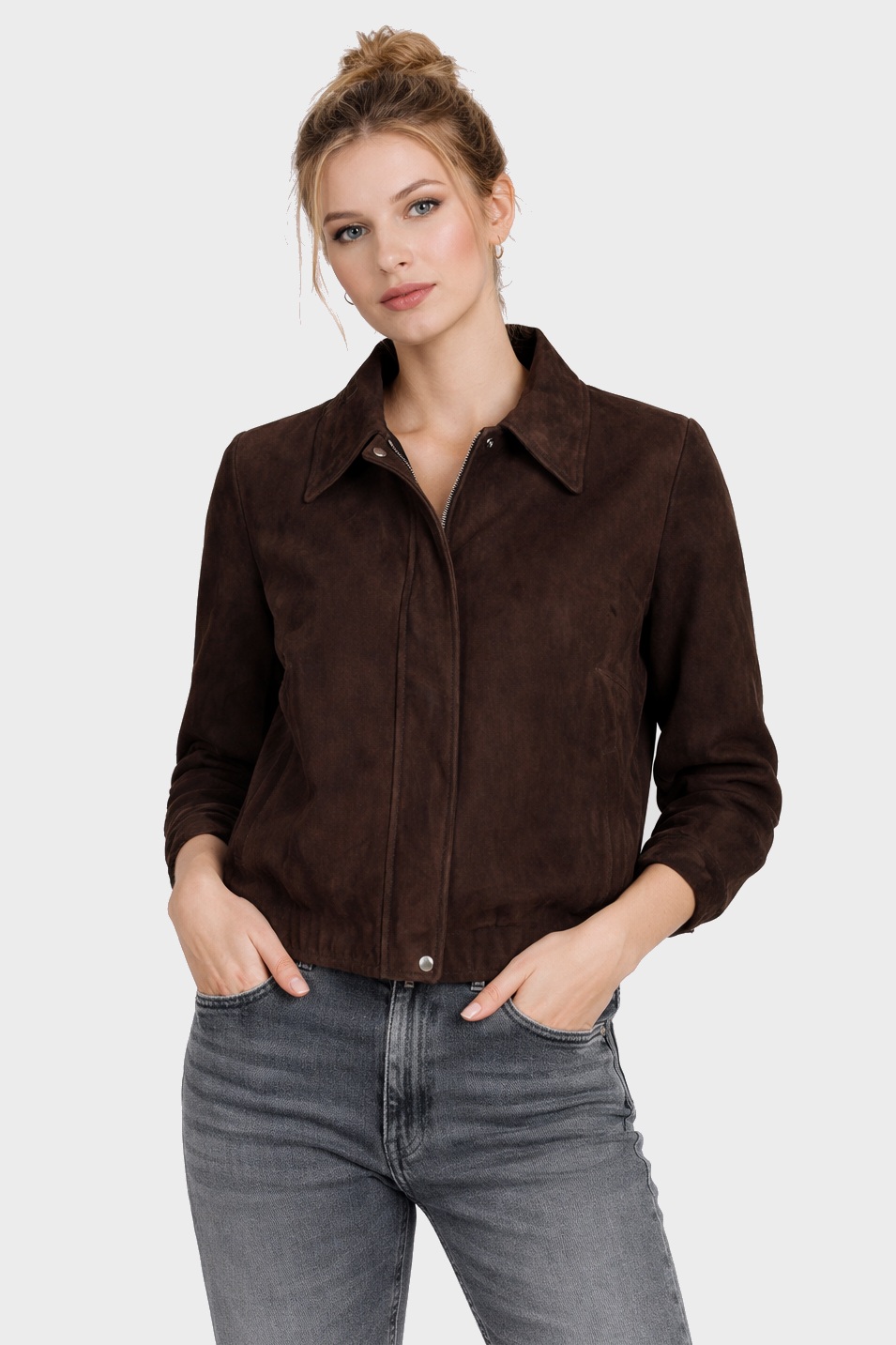 STEWART Goat Suede Bomber Jacket in Dark Brown