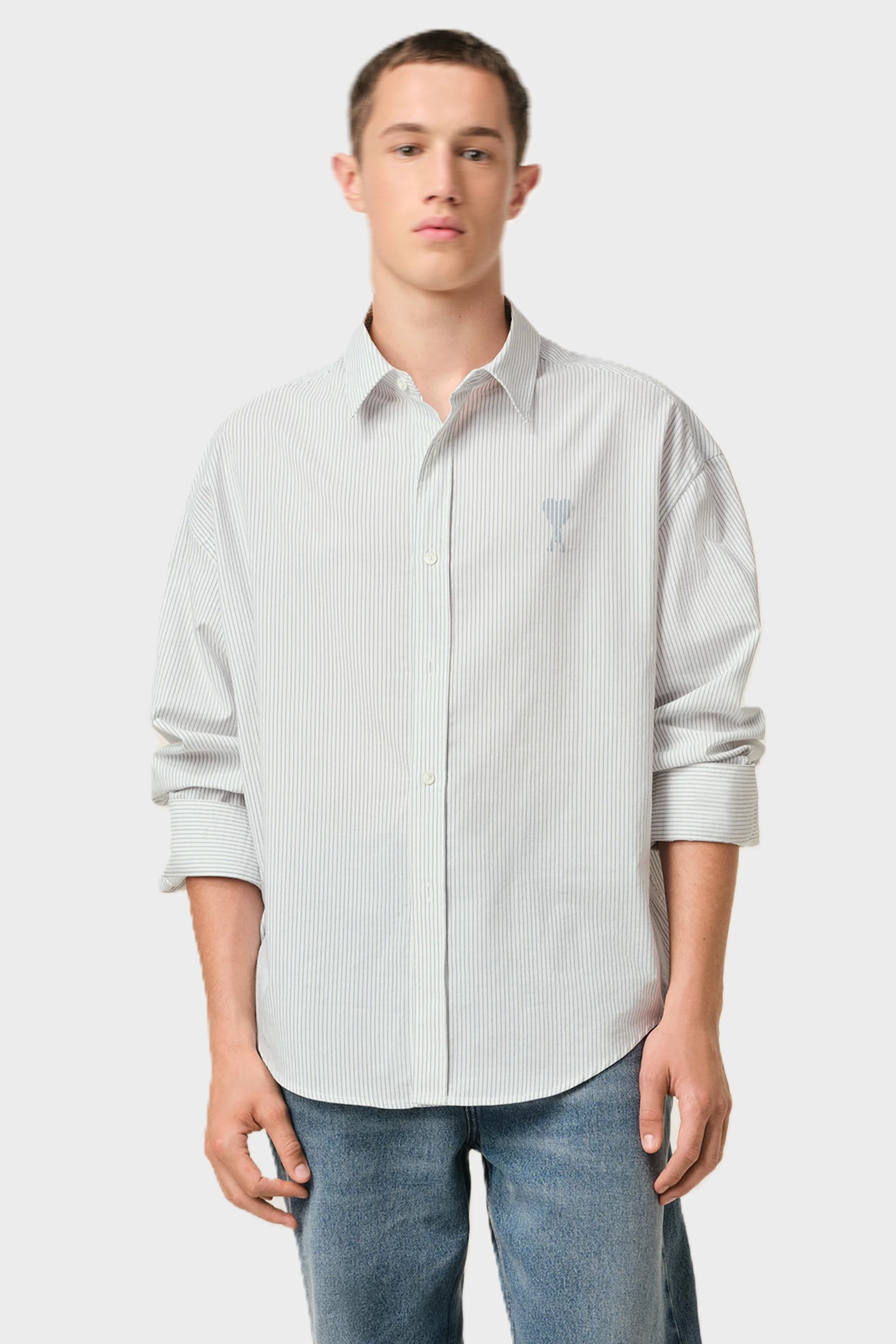 AMI PARIS Boxy Fit Cotton Poplin Shirt in White/Blue Note AMI PARIS Boxy Fit Cotton Poplin Shirt in White/Blue Note