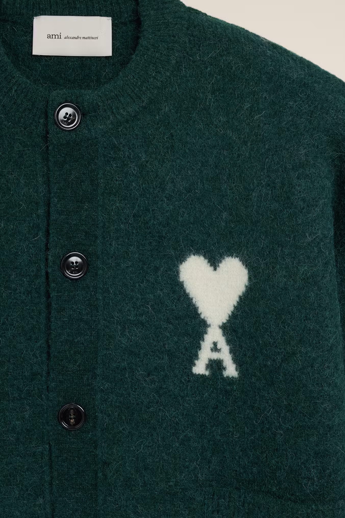 AMI PARIS de Coeur Crew Neck Knit Cardigan in Bottle Green / Off White