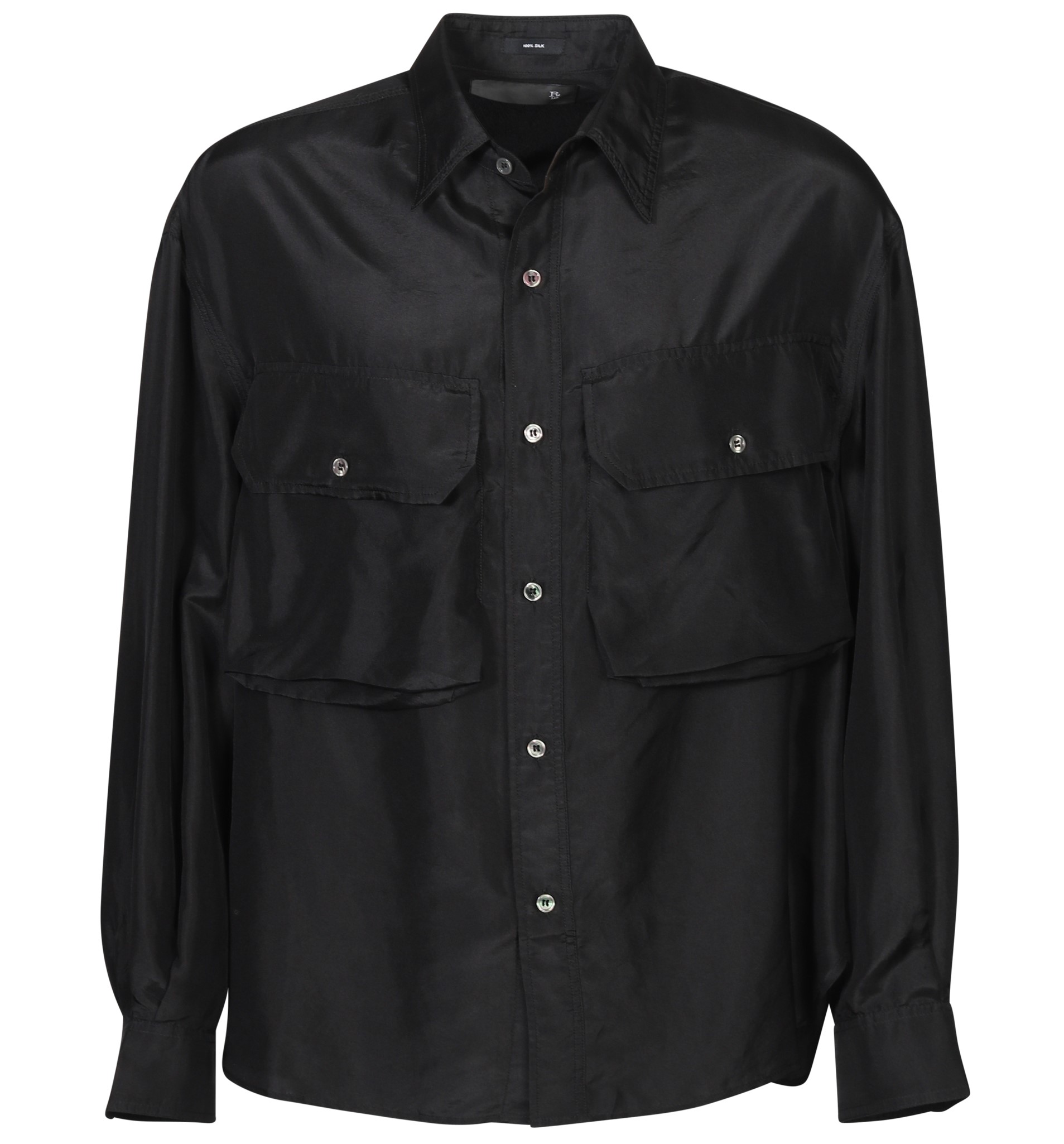 R13 Oversize Pocket Silk Shirt in Overdyed Black S