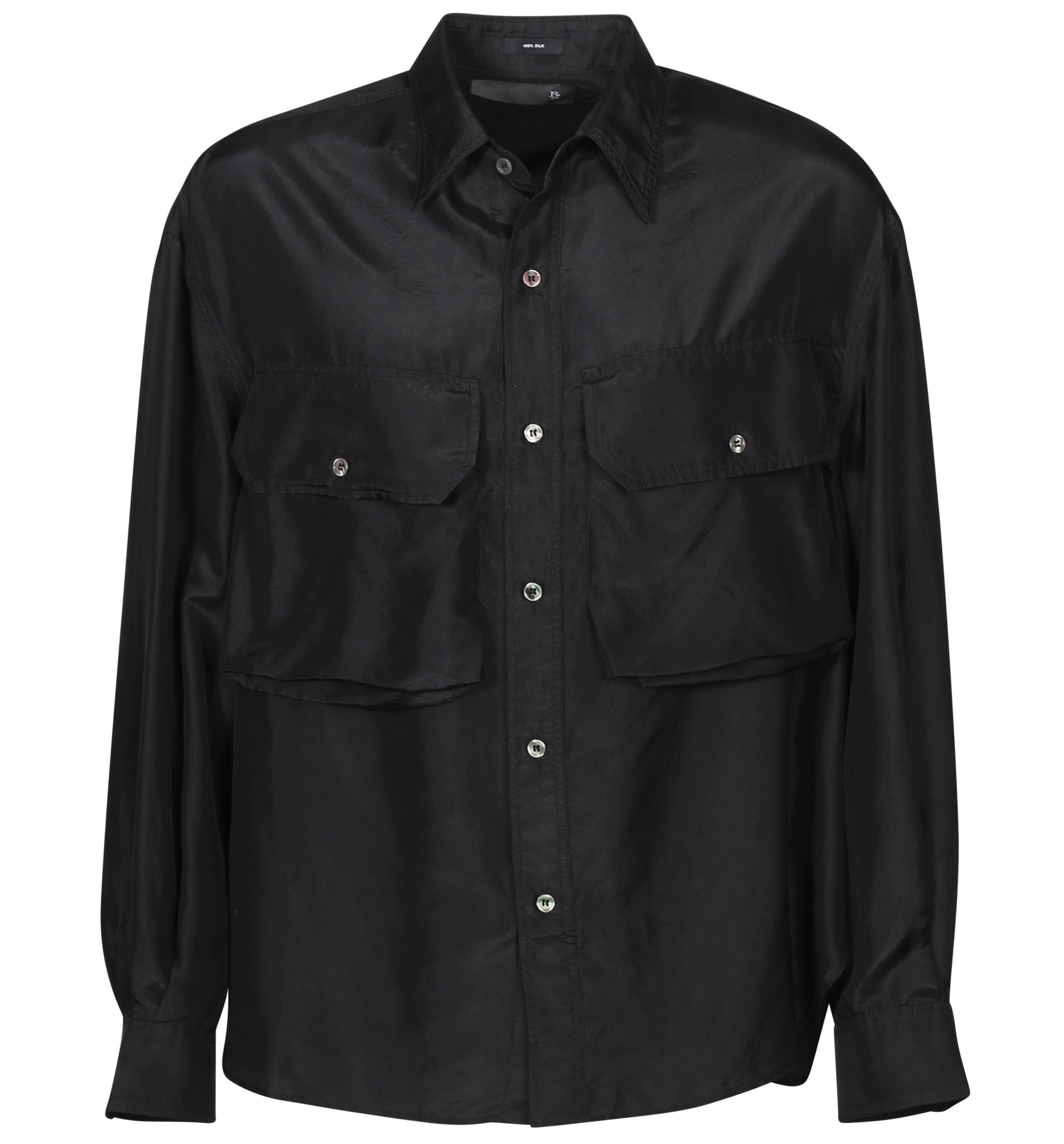 R13 Oversize Pocket Silk Shirt in Overdyed Black XS