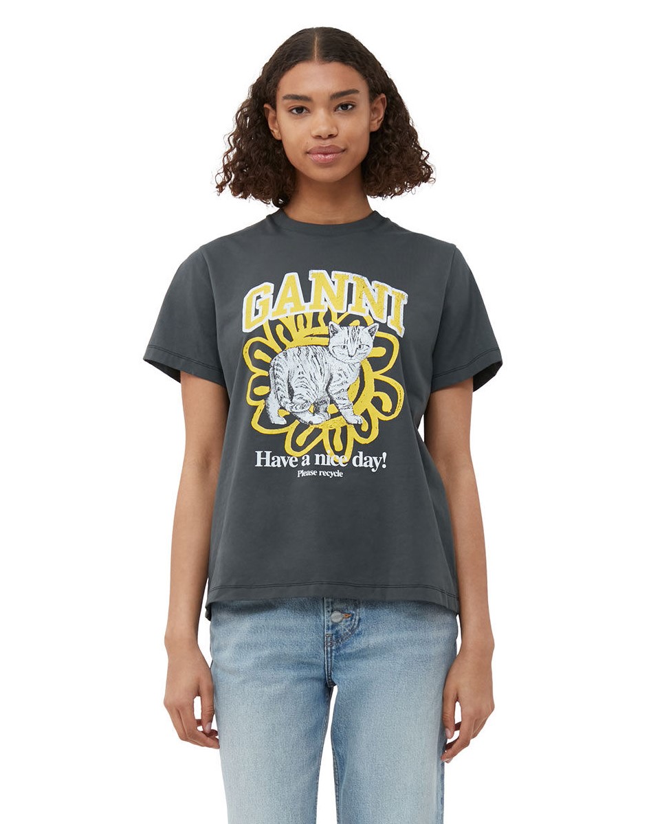 GANNI Basic Jersey Cat Relaxed T-Shirt in Volcanic Ash S