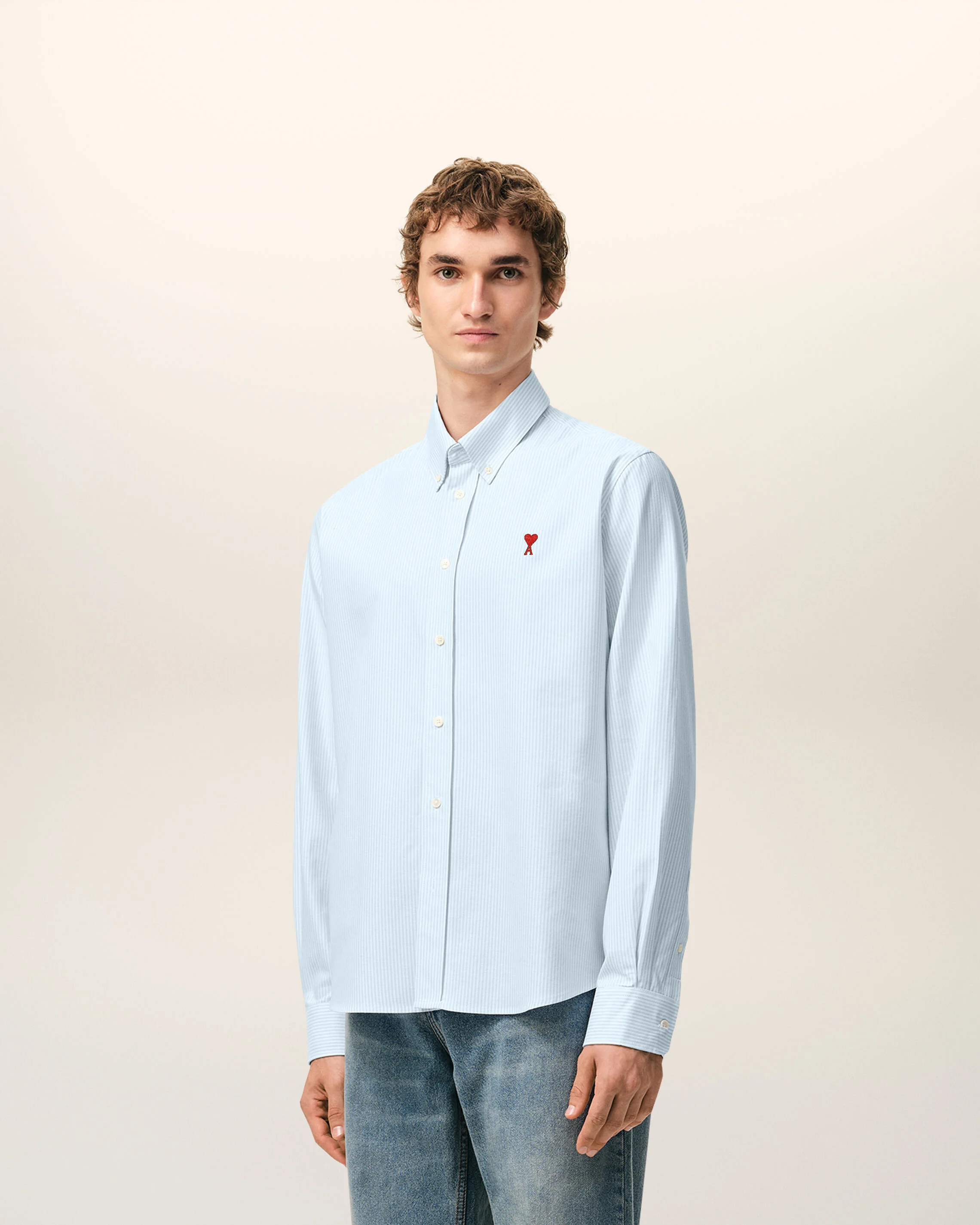 AMI PARIS de Coeur Classic Fit Shirt in Sky Blue/Natural White Stripes XXL
