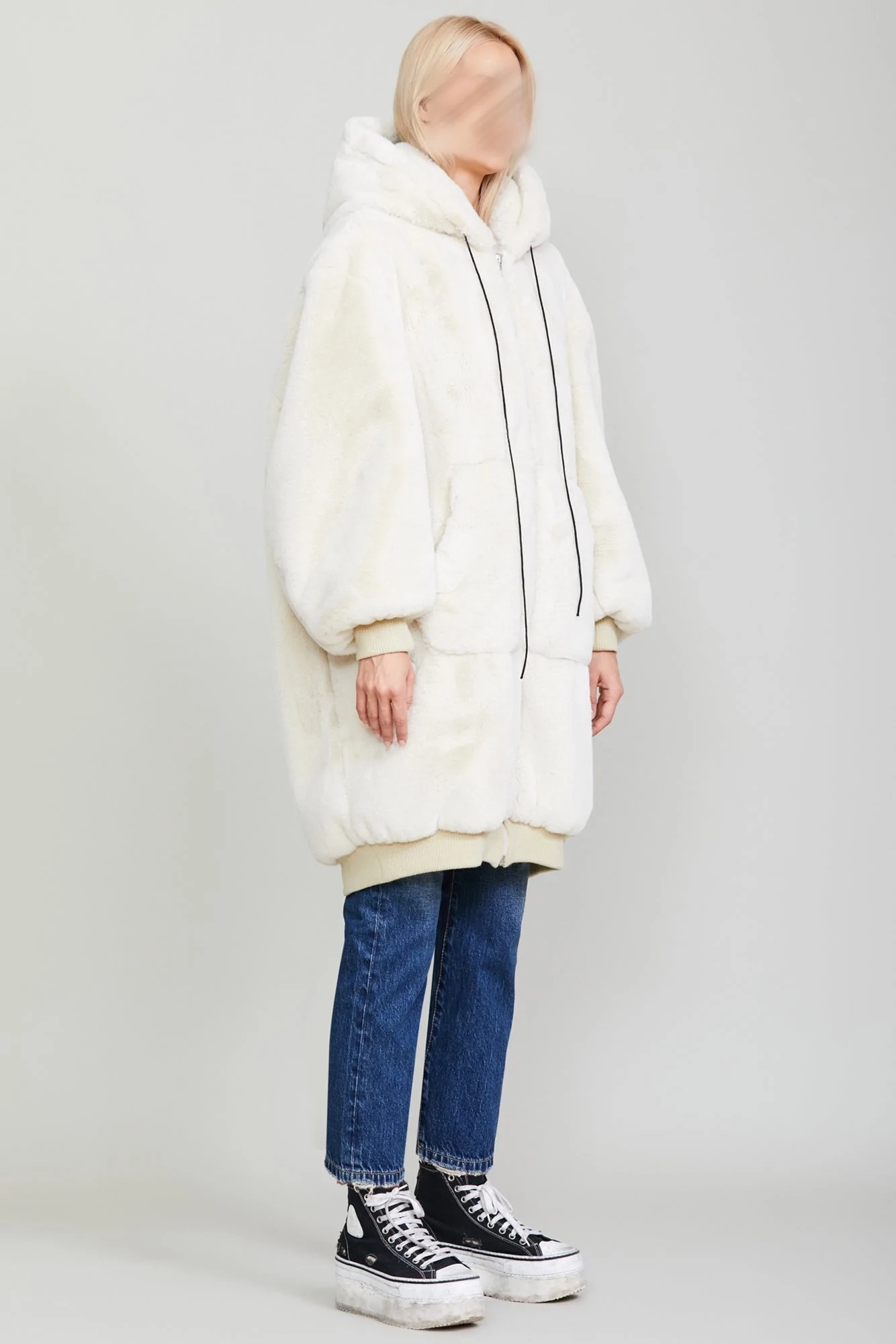 R13 Oversized Zip Fake Fur Coat in Ecru