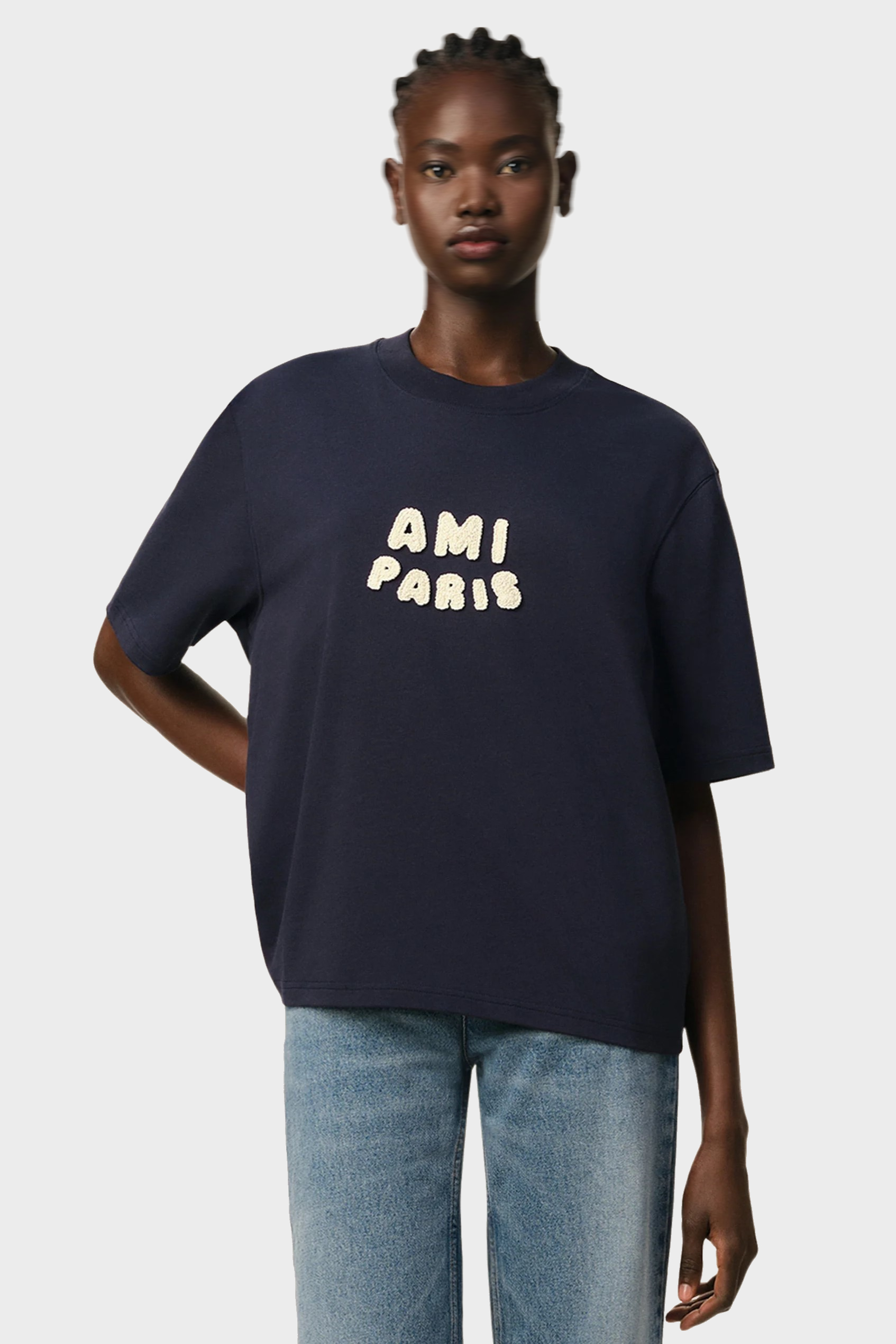 AMI PARIS de Coeur Boxy Fit Knitted Logo T-Shirt in Navy Blue AMI PARIS de Coeur Boxy Fit Knitted Logo T-Shirt in Navy Blue