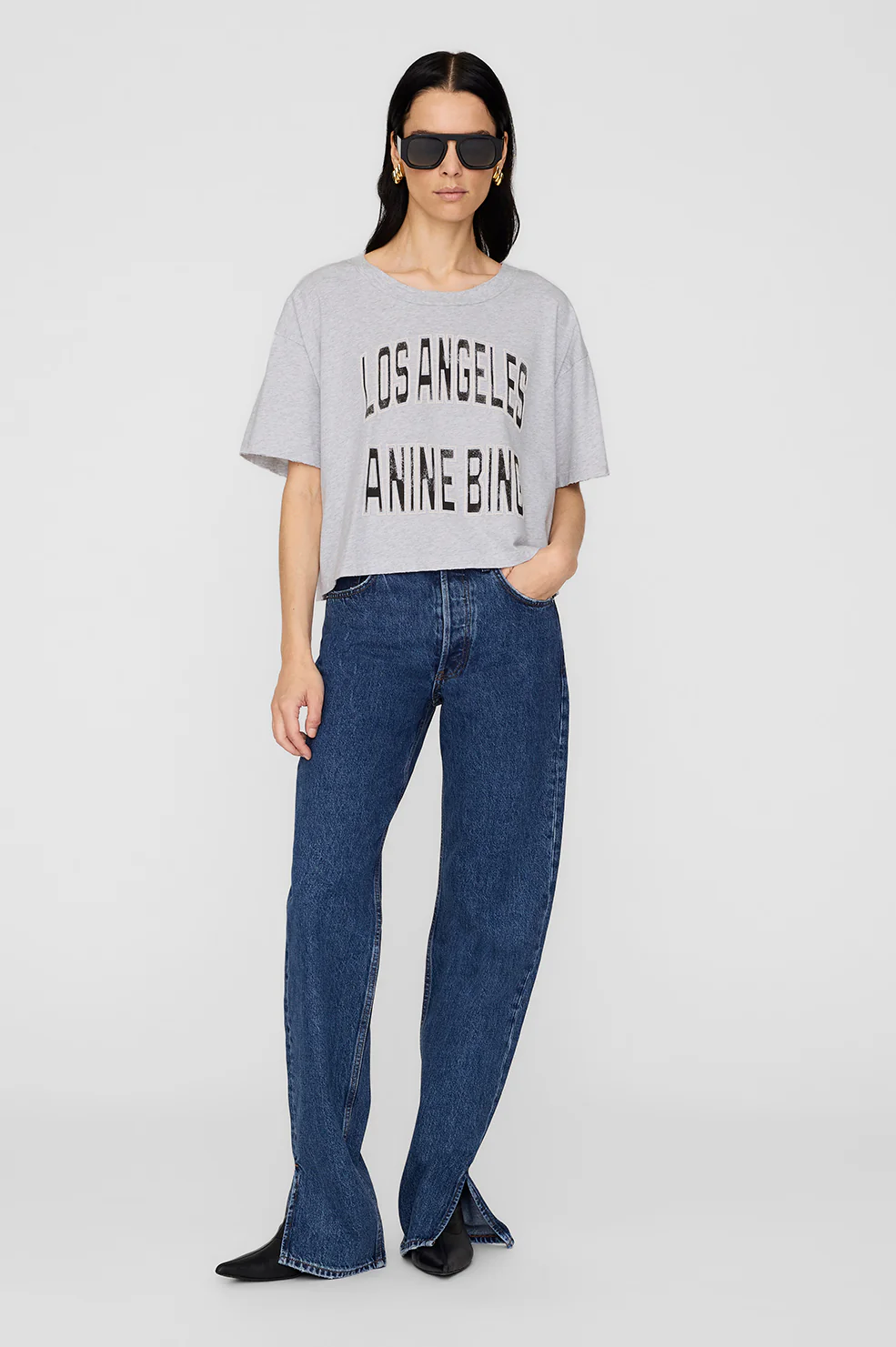 ANINE BING Cropped Boxy Fit T-Shirt in Grey