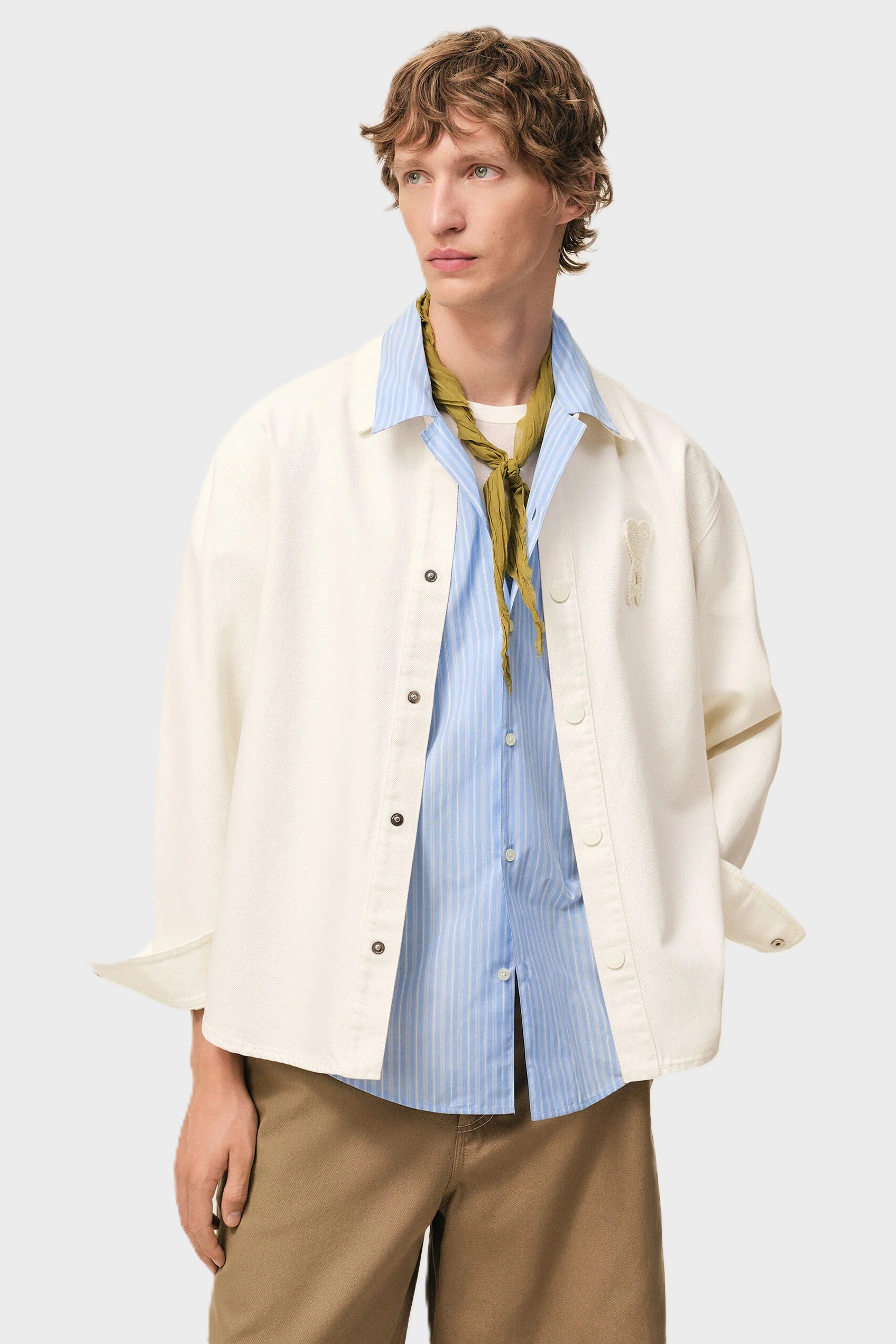 AMI PARIS de Coeur Cotton Twill Overshirt in White Cream