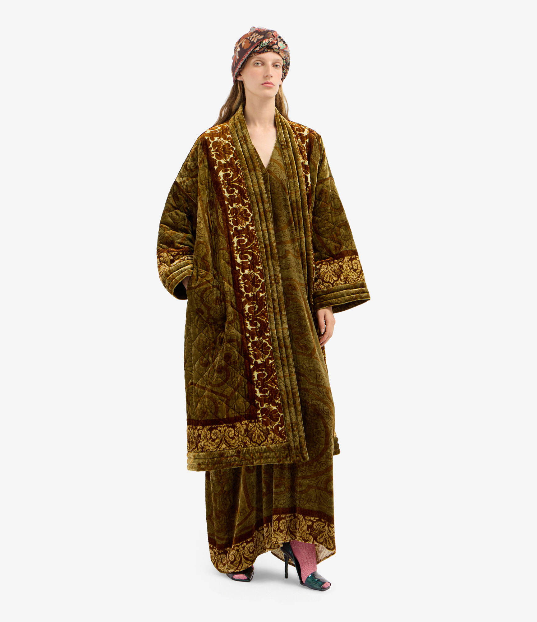 PIERRE-LOUIS MASCIA Padded Velvet Coat in Brown/Beige