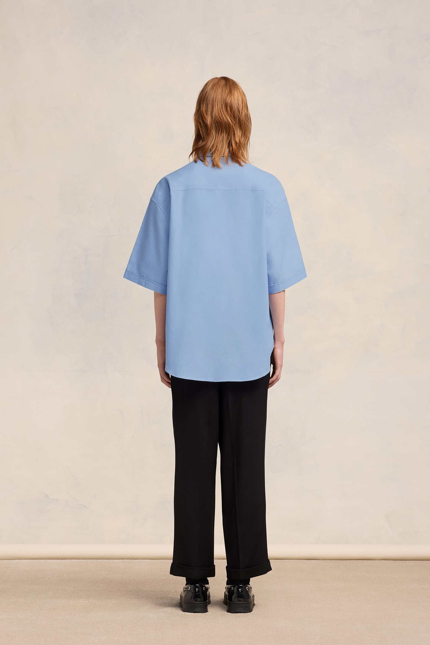 AMI PARIS de Coeur Boxy Fit Short Sleeve Shirt in Cashmere Blue XL