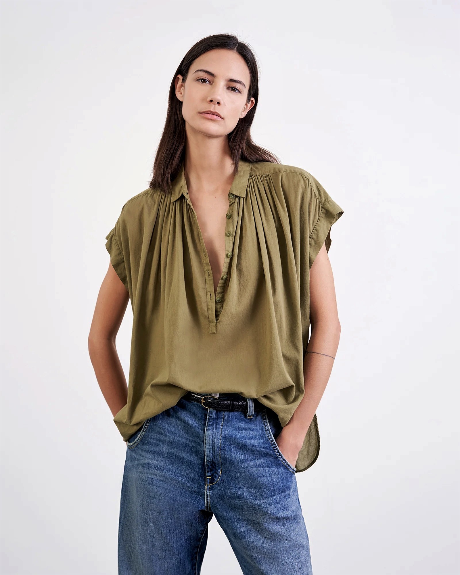 NILI LOTAN Cotton Voile Blouse Normandy in Olive Green XS