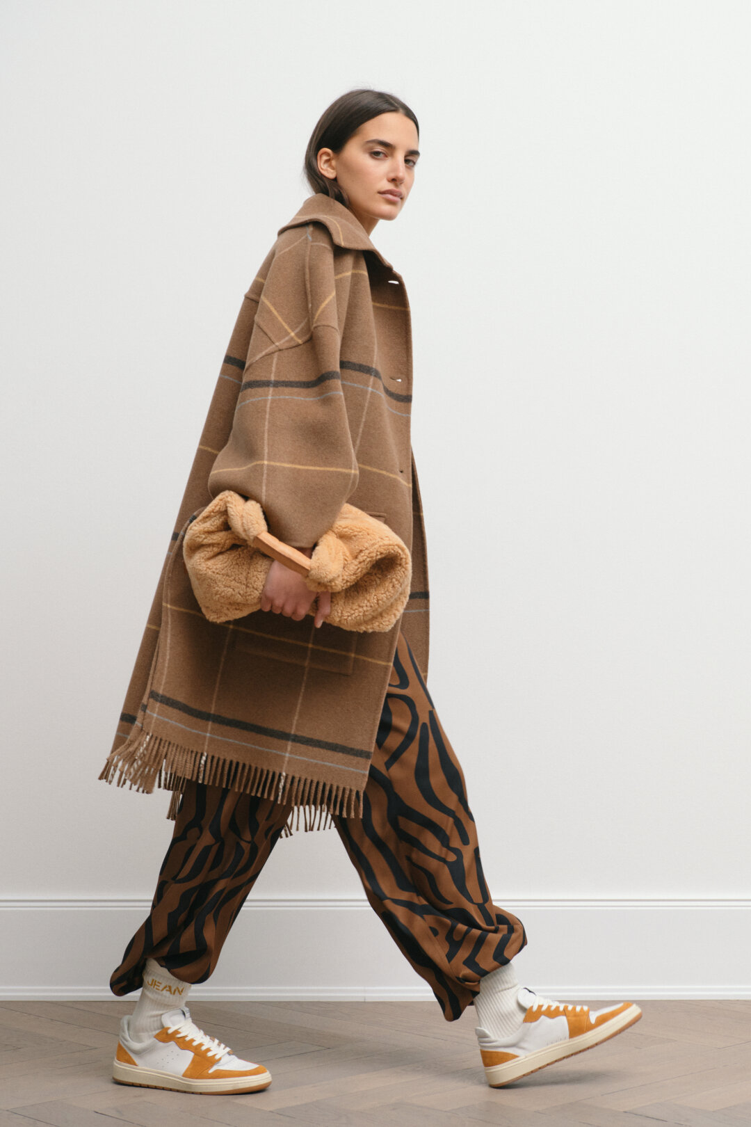 Closed Check Poncho Coat in Camel XS
