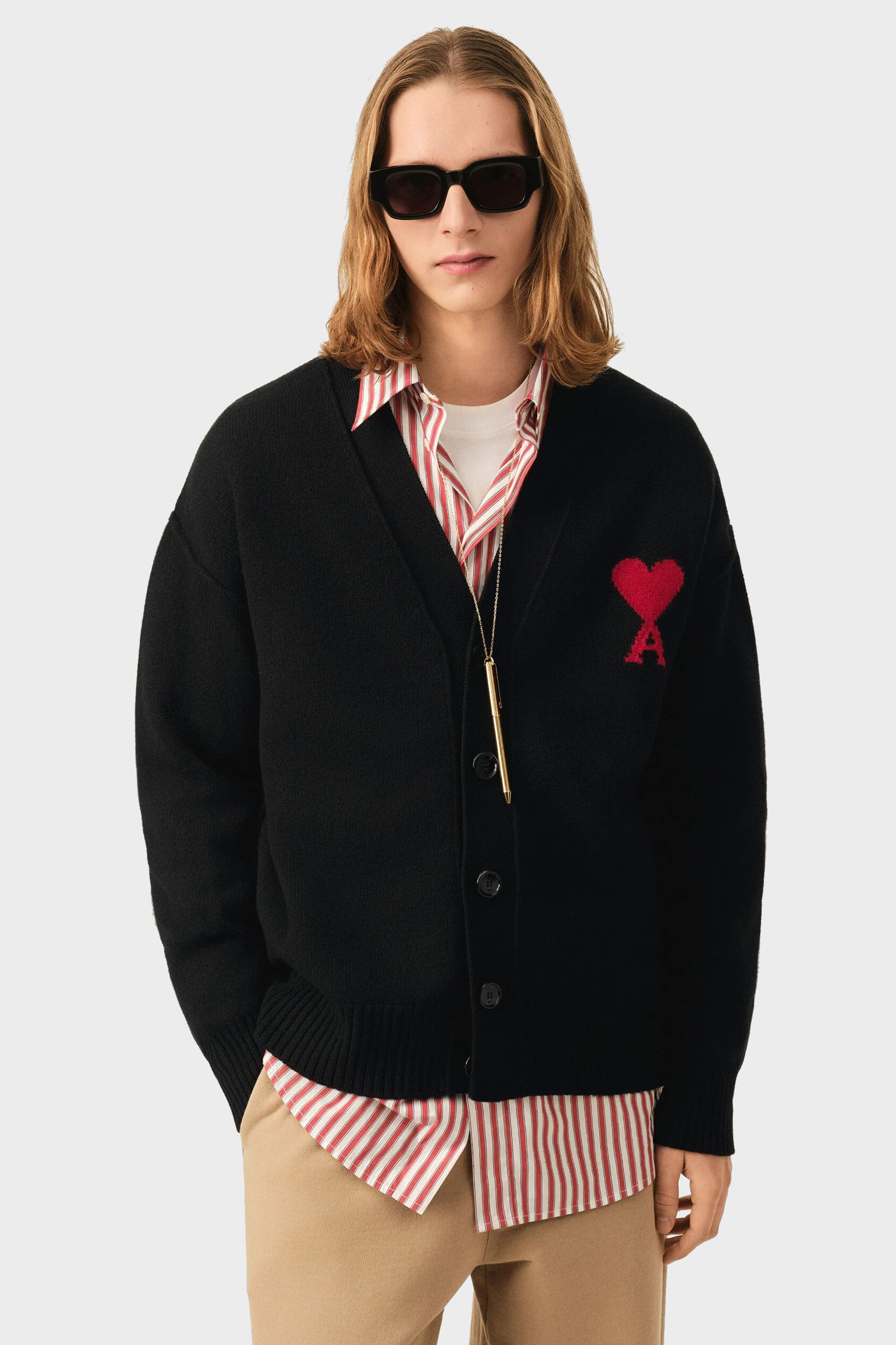 AMI PARIS de Coeur Heavy Knit Cardigan in Black / Red