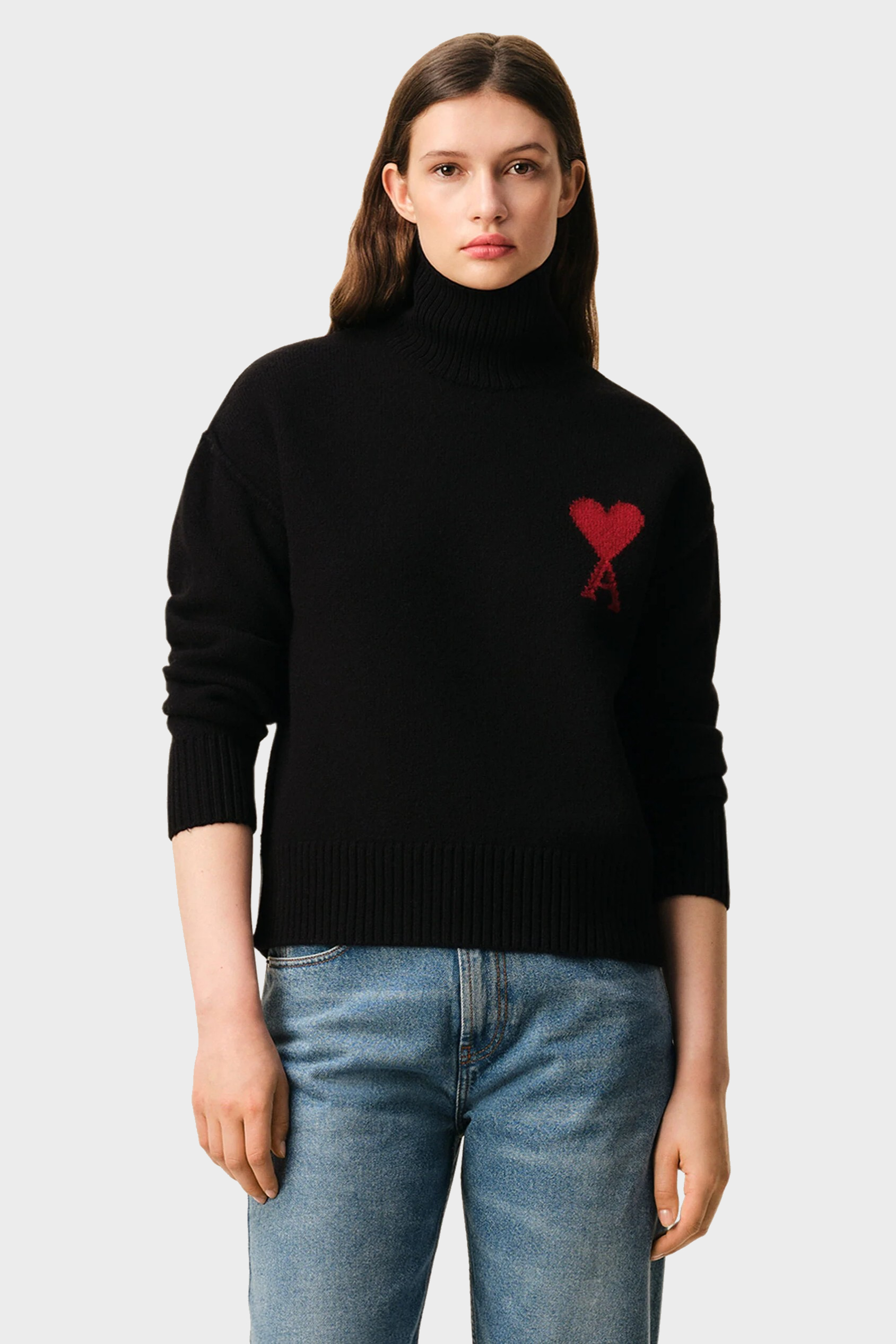 AMI PARIS de Coeur Heavy Knit Turtle Neck Sweater in Black / Red