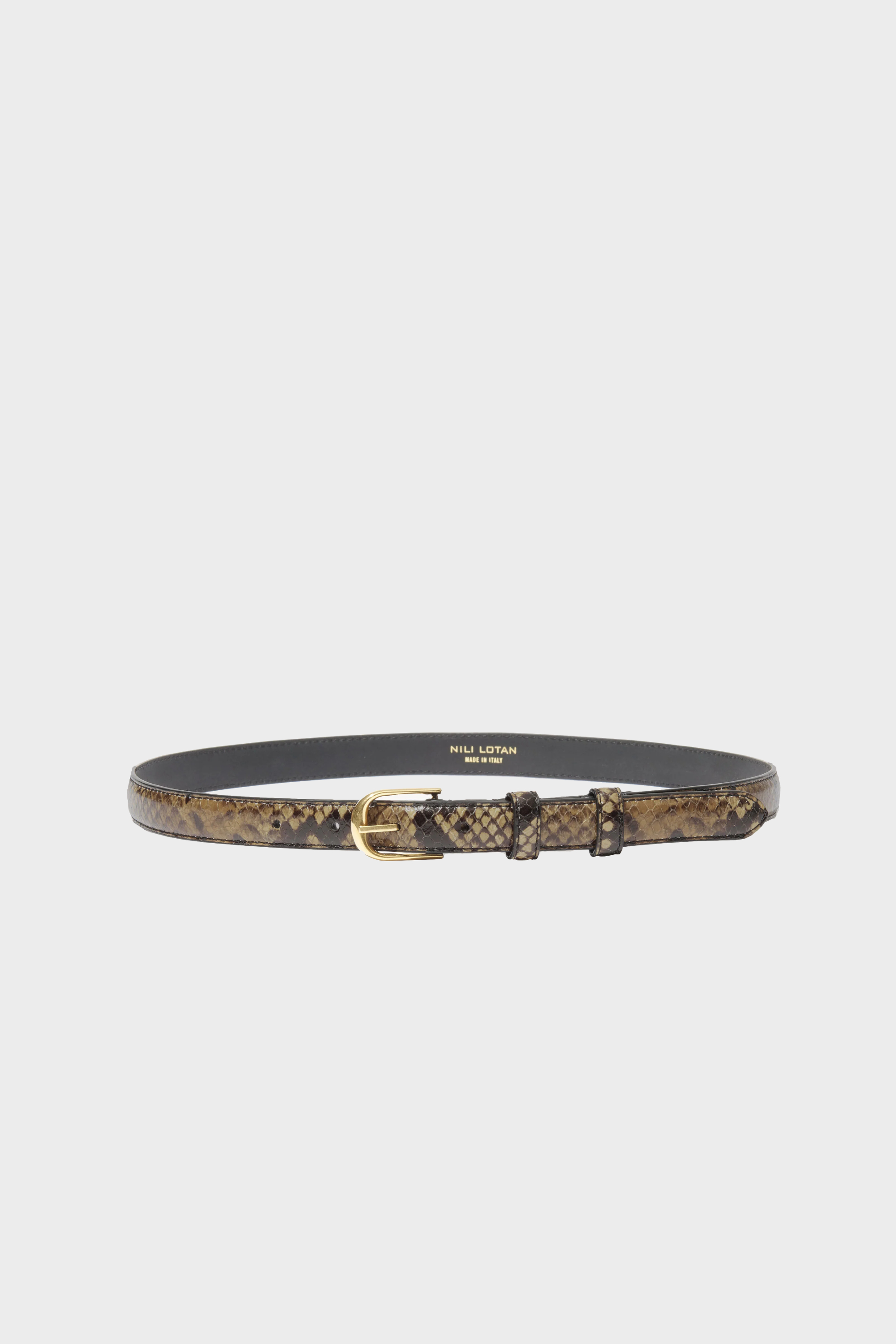 NILI LOTAN Thin Leather Belt in Brown Snakeskin