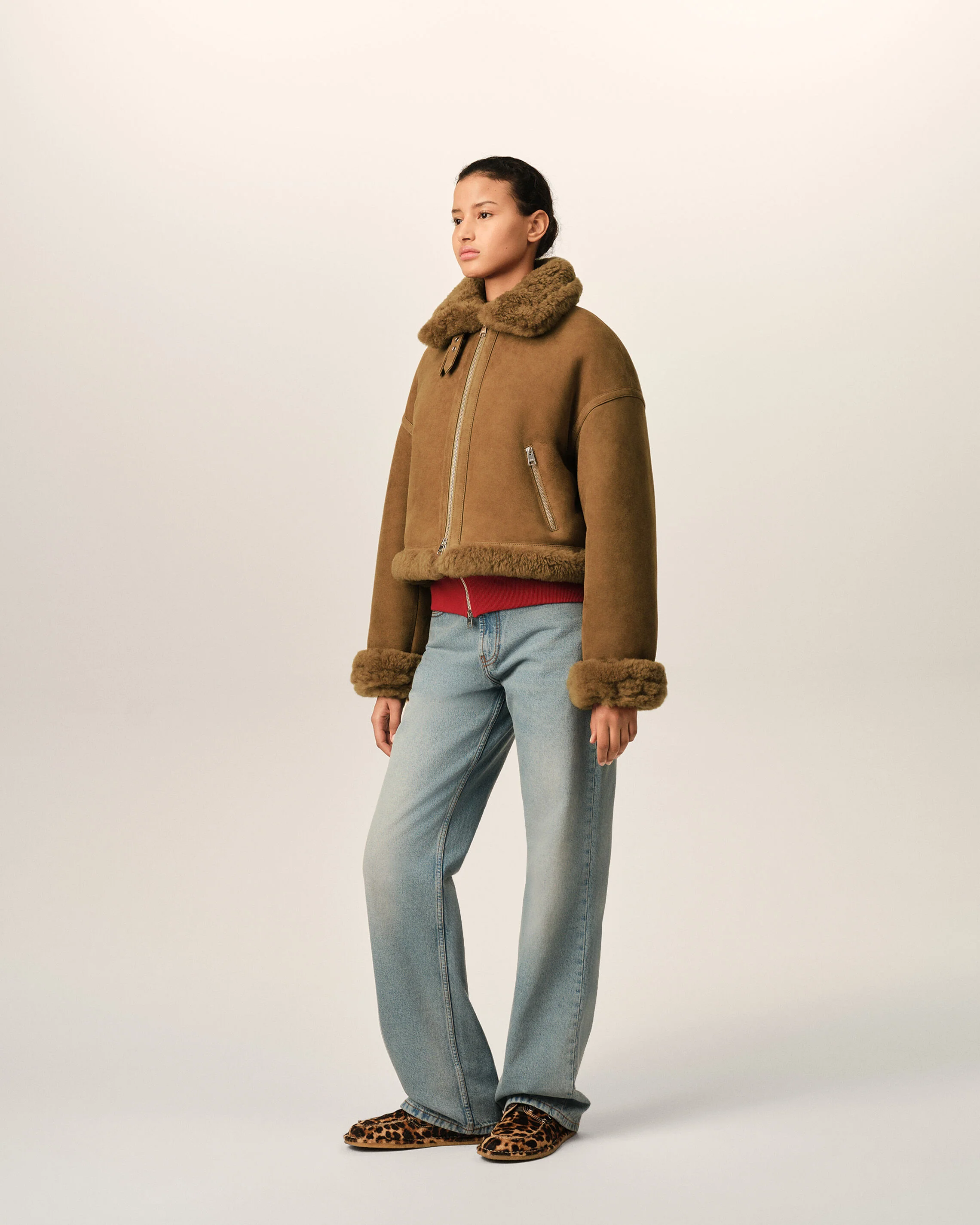 AMI PARIS Aviator Shearling Jacket in Mastic Beige