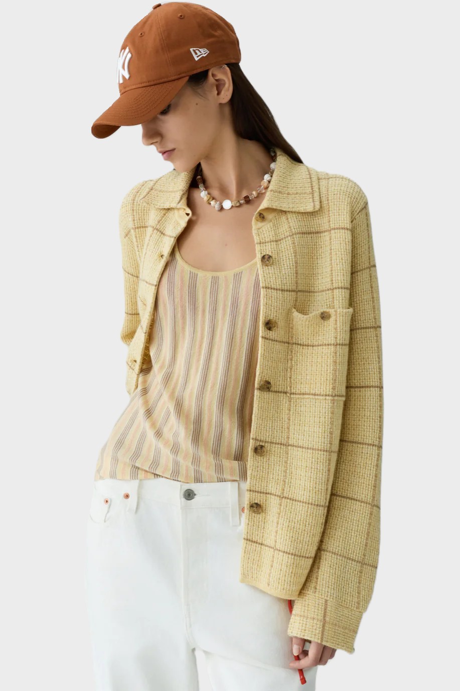 GUEST IN RESIDENCE Dylan Plaid Cashmere/Linen Shirt in Butter/Camel