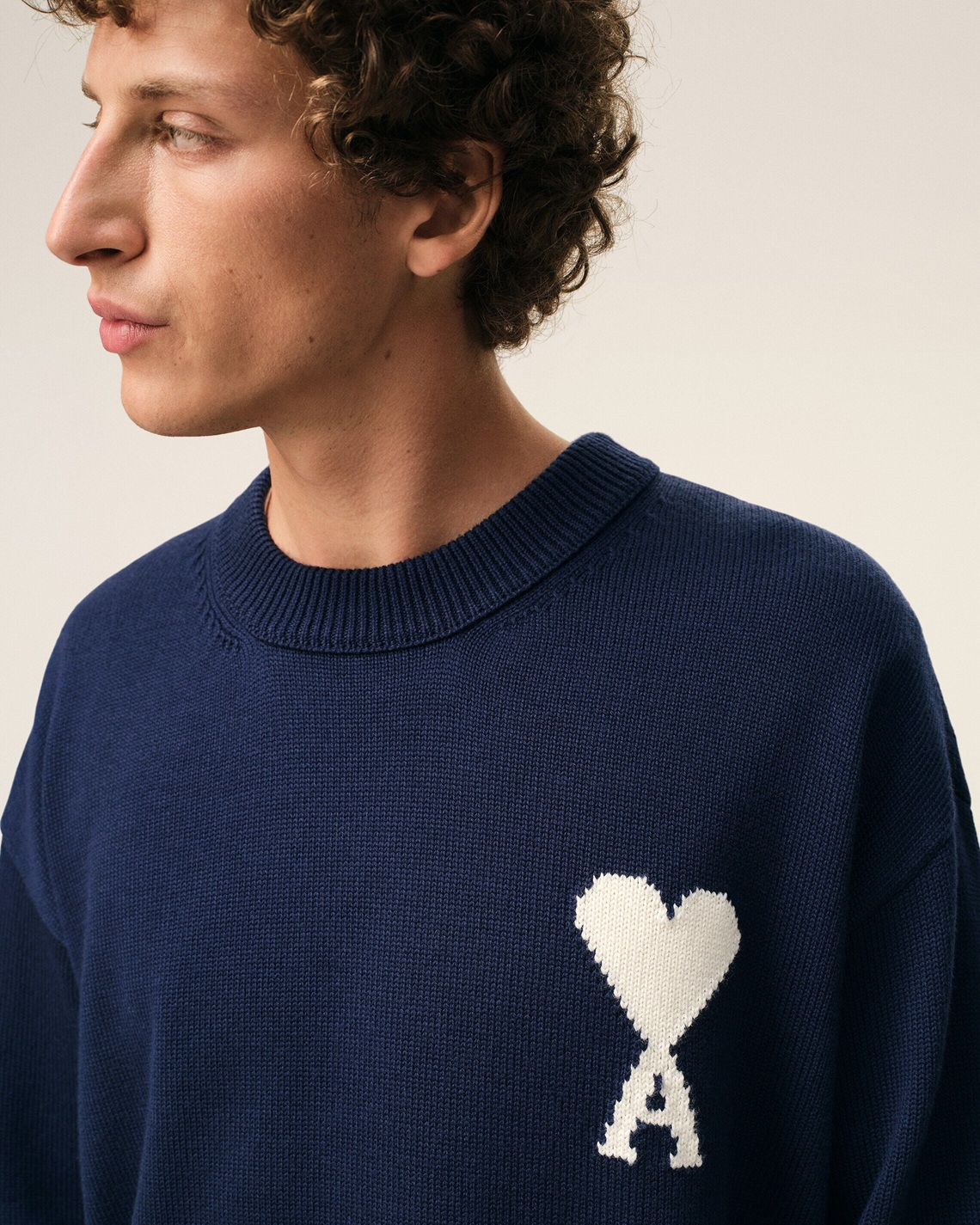 AMI PARIS de Coeur Wool/Cotton Knit Pullover in Navy