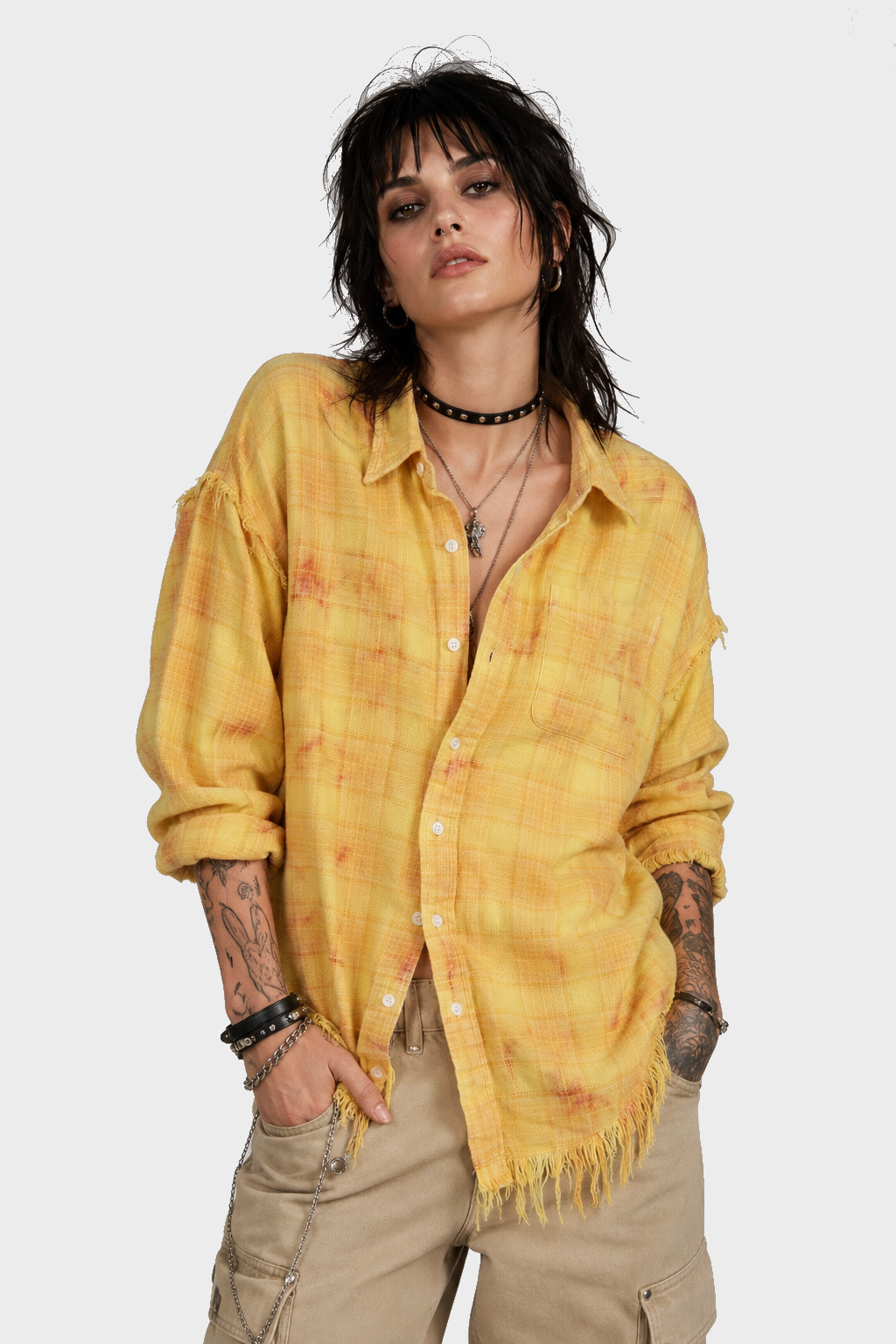 R13 Shredded Seam Drop Neck Shirt in Yellow Plaid