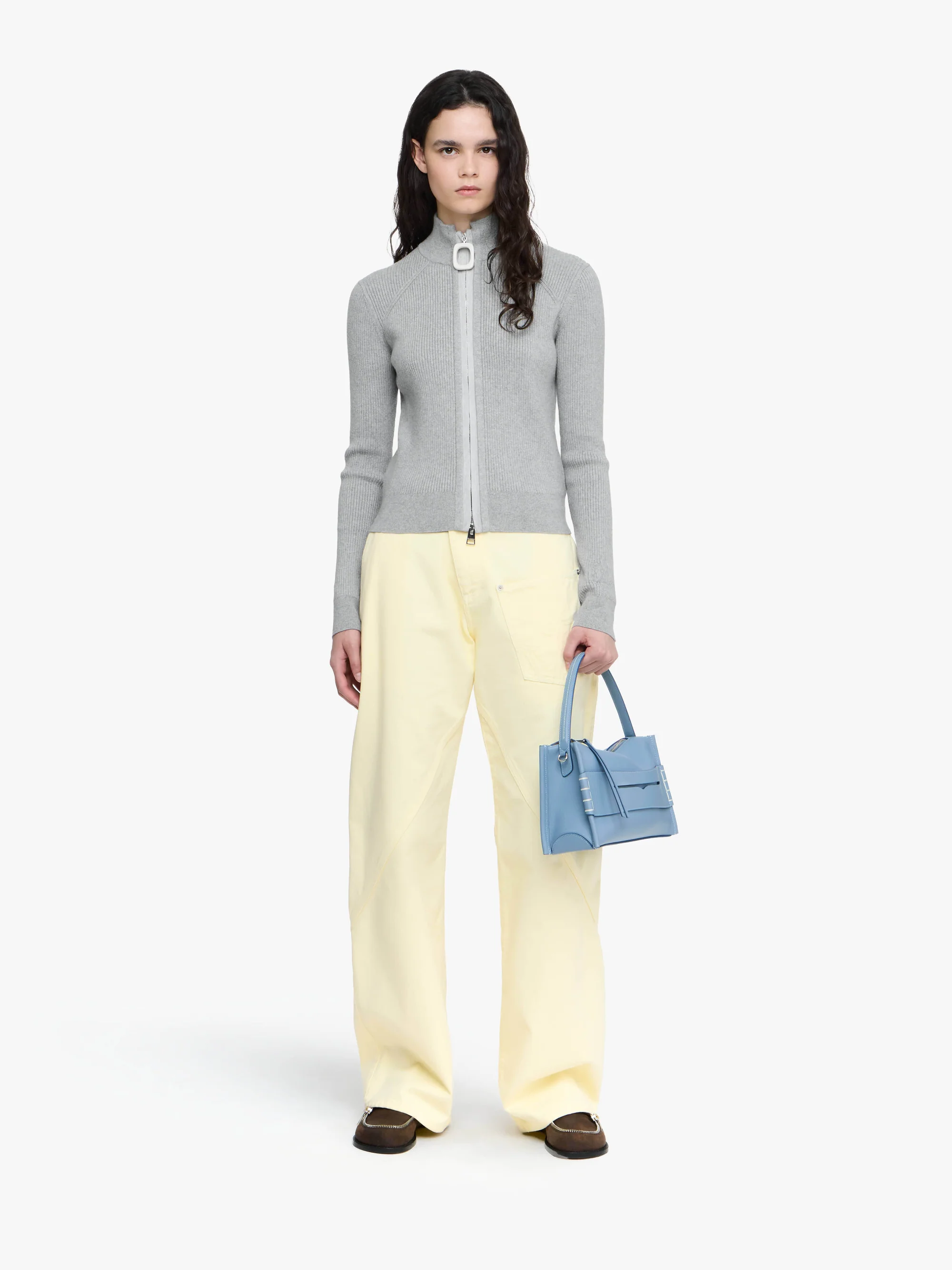 JW ANDERSON Fitted Zip Up Cardigan in Light Grey Melange