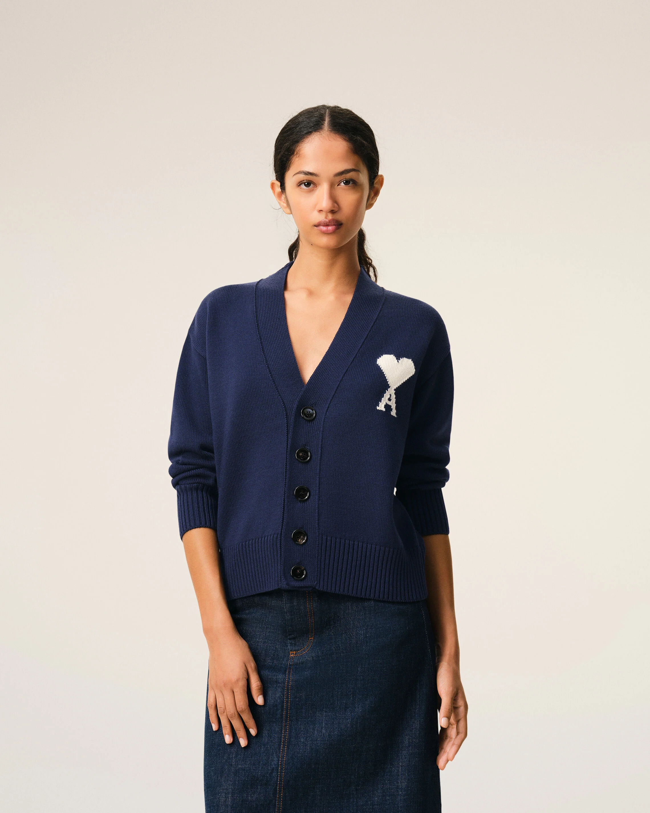 AMI PARIS de Coeur Wool/Cotton Knit Cardigan in Navy