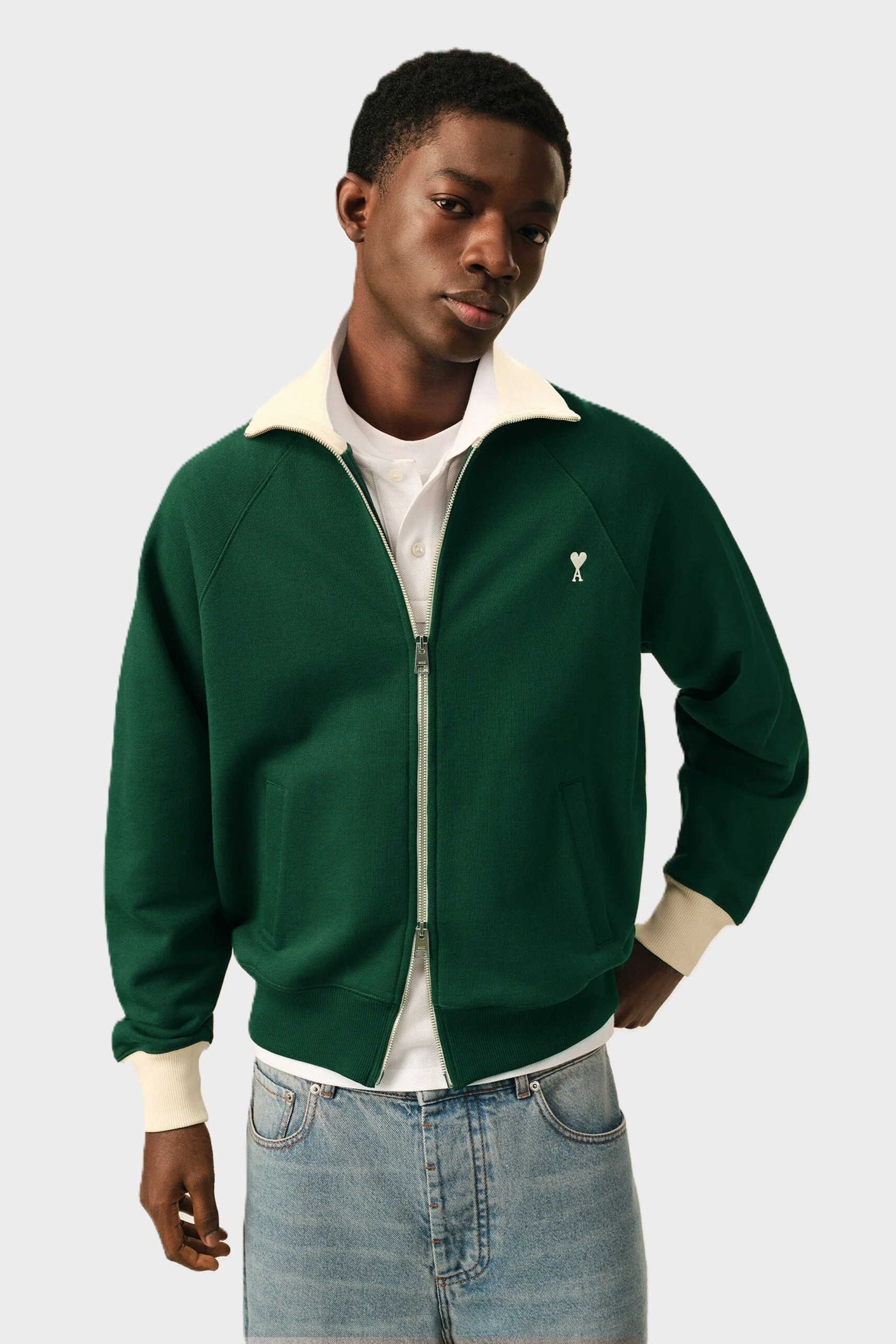 AMI PARIS de Coeur Bicolor Zip Sweater in Bottle Green / Ivory