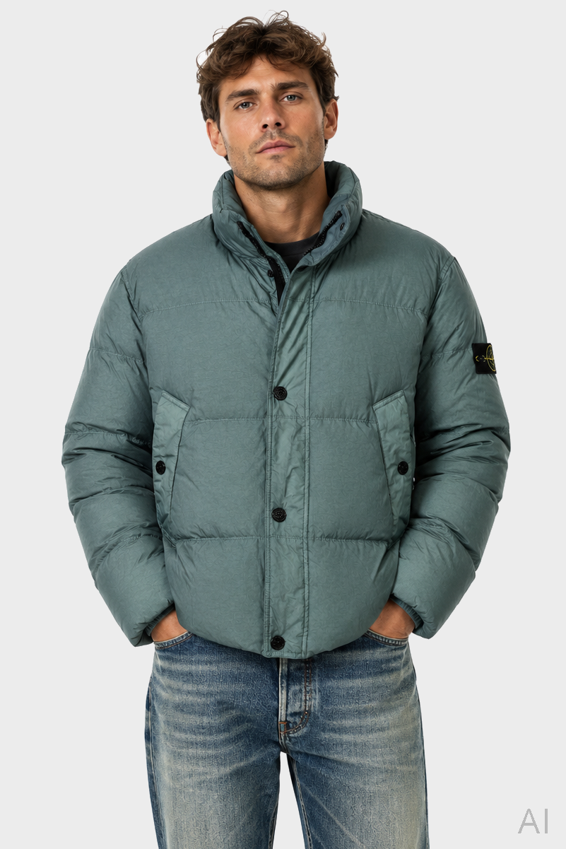 STONE ISLAND Garment Dyed Crincle Reps Down Jacket in Sage Green