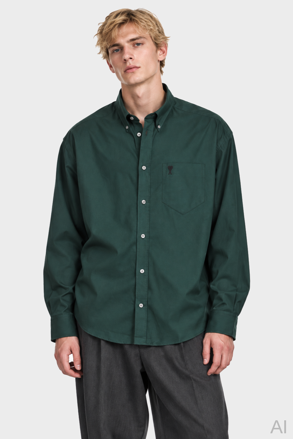 AMI PARIS de Coeur Boxy Fit Oxford Shirt in Bottle Green