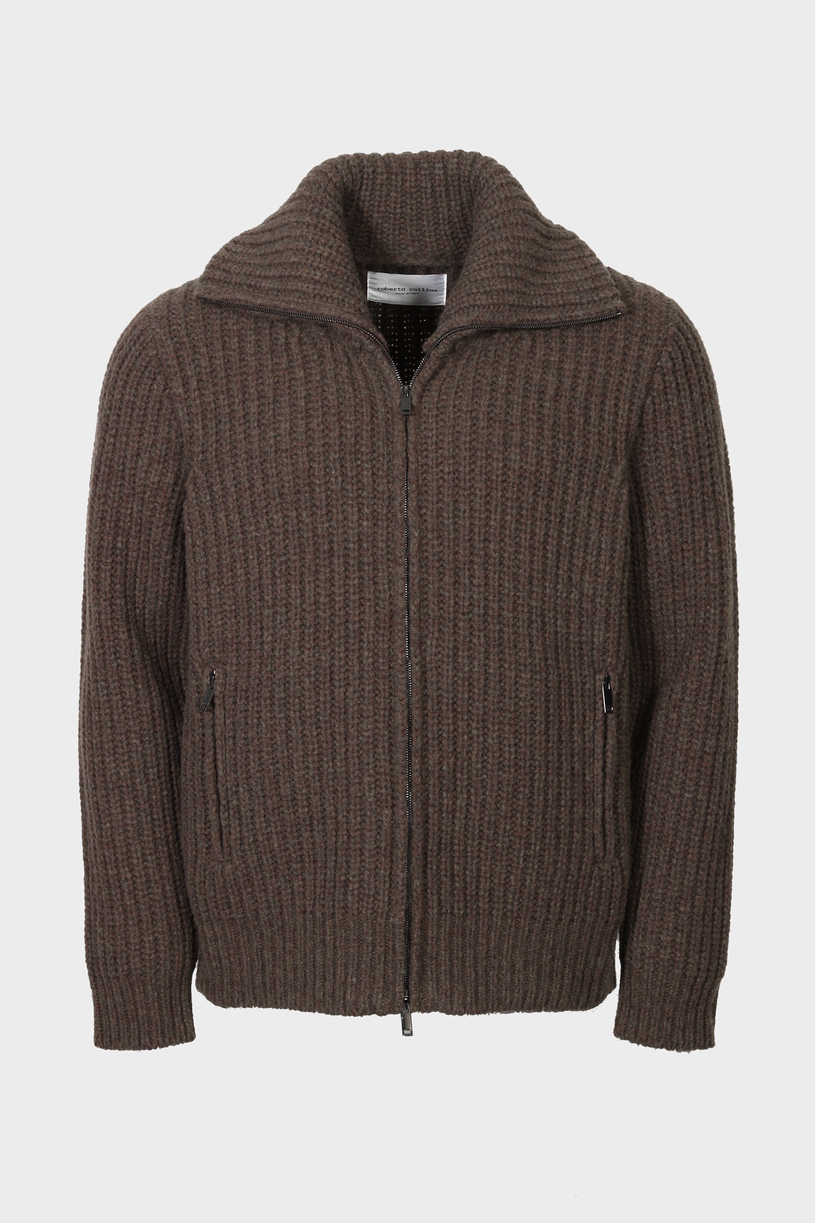 ROBERTO COLLINA Knit Zip Cardigan in Brown Melange