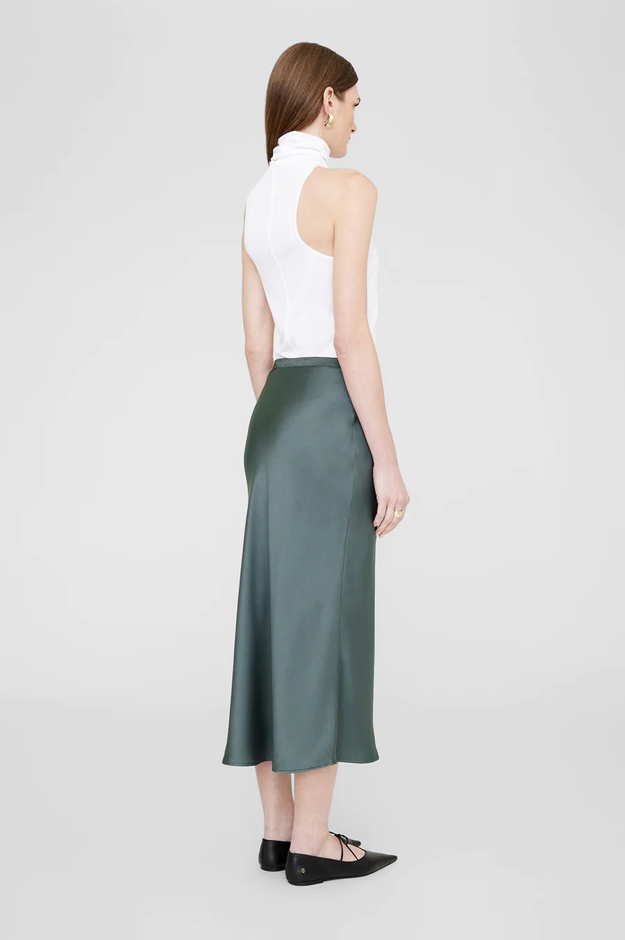 ANINE BING Bar Silk Skirt in Dark Sage S