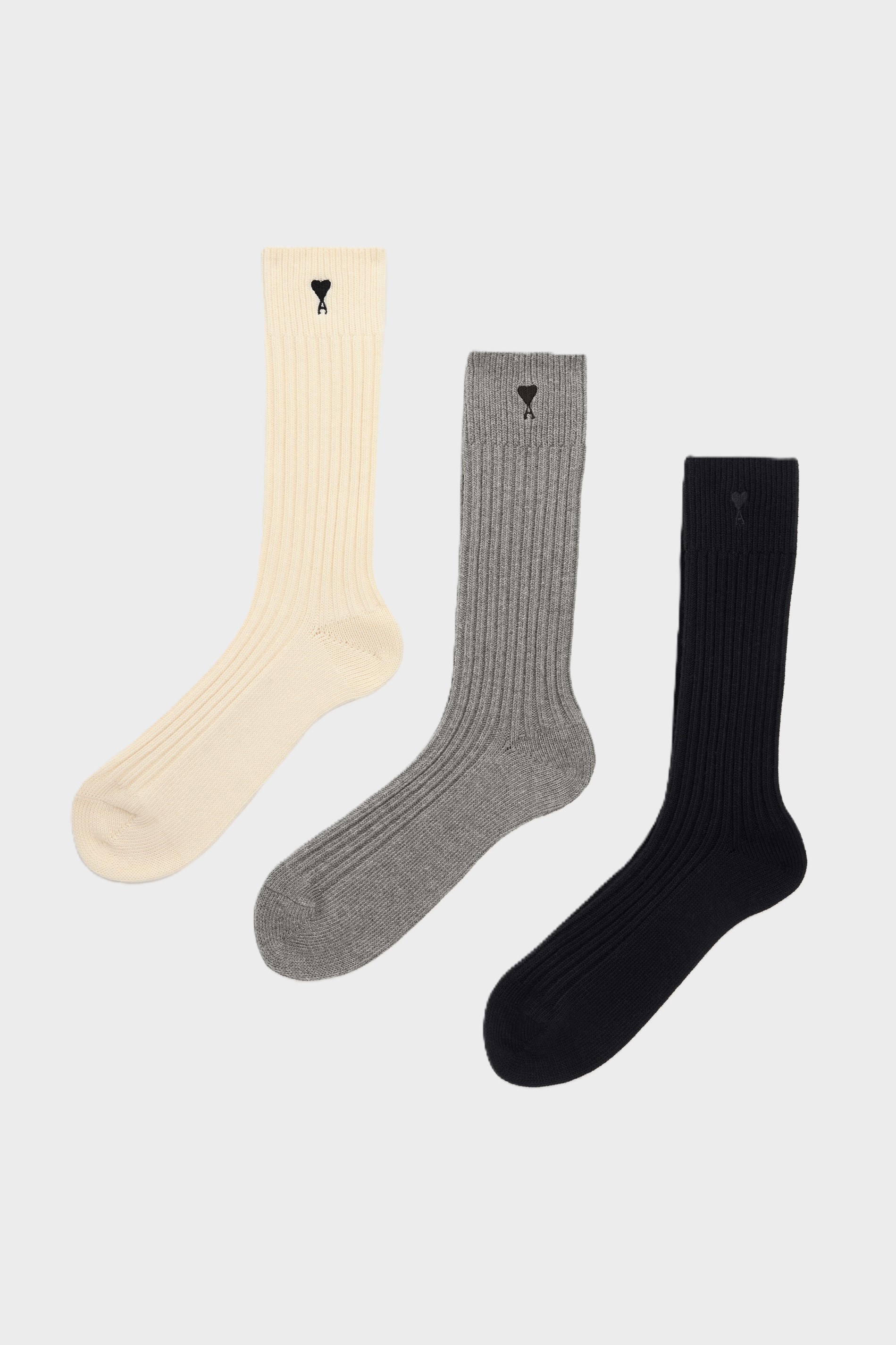 AMI PARIS de Coeur 3 Pack Socks in Off White/Black/Grey/Black Logo