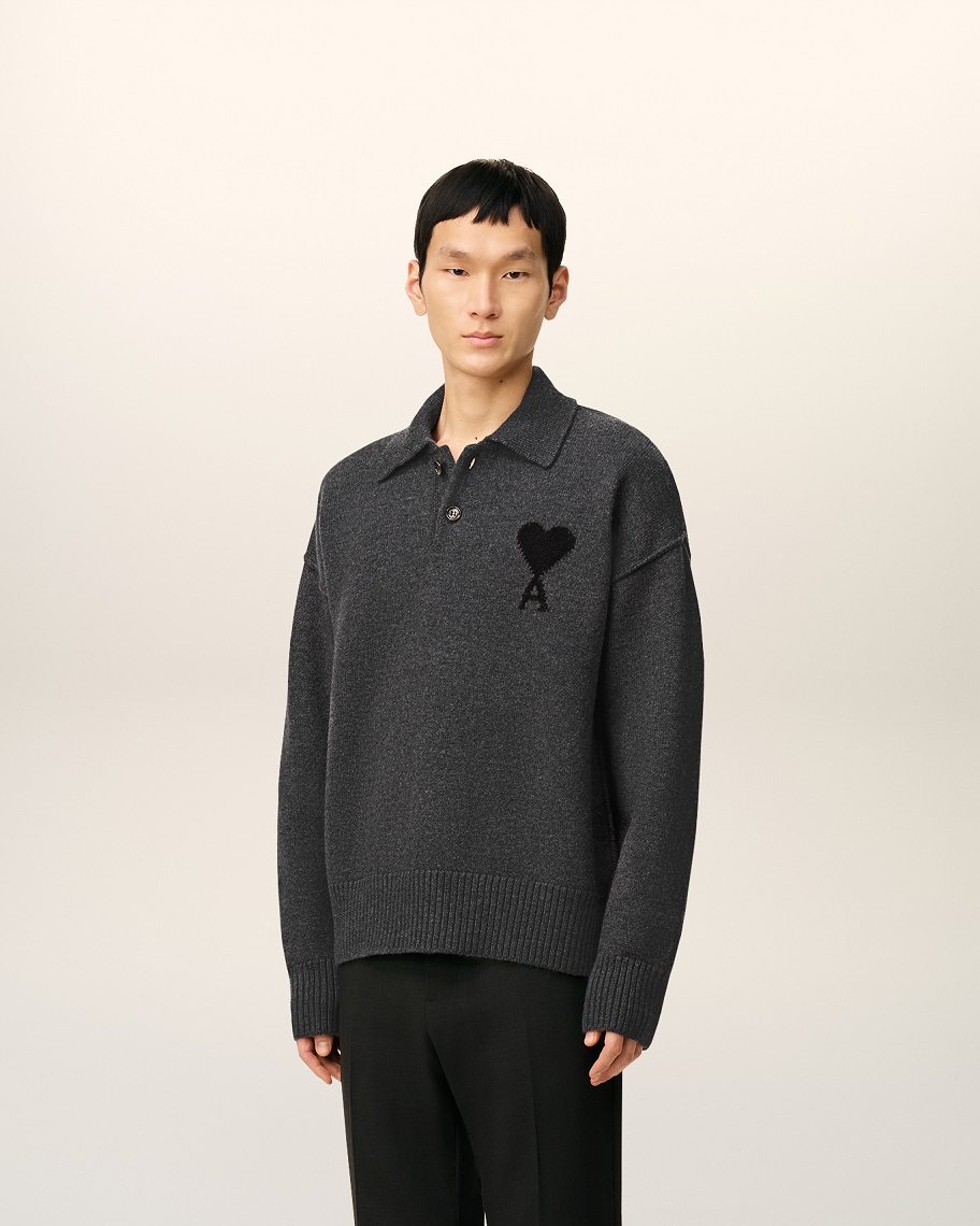 AMI PARIS de Coeur Knit Polo in Heather Grey/Black