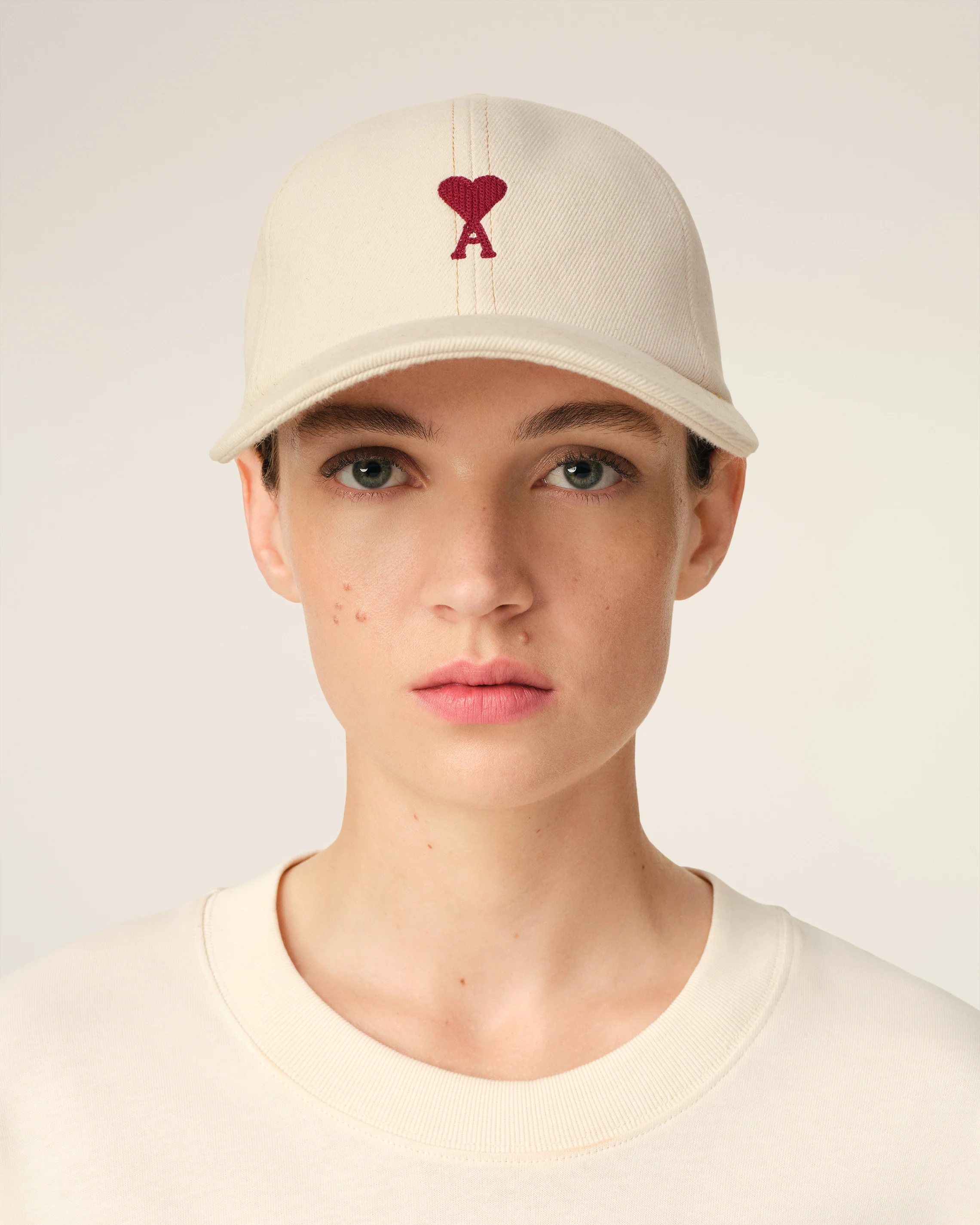AMI PARIS de Coeur Denim Cap in White Cream