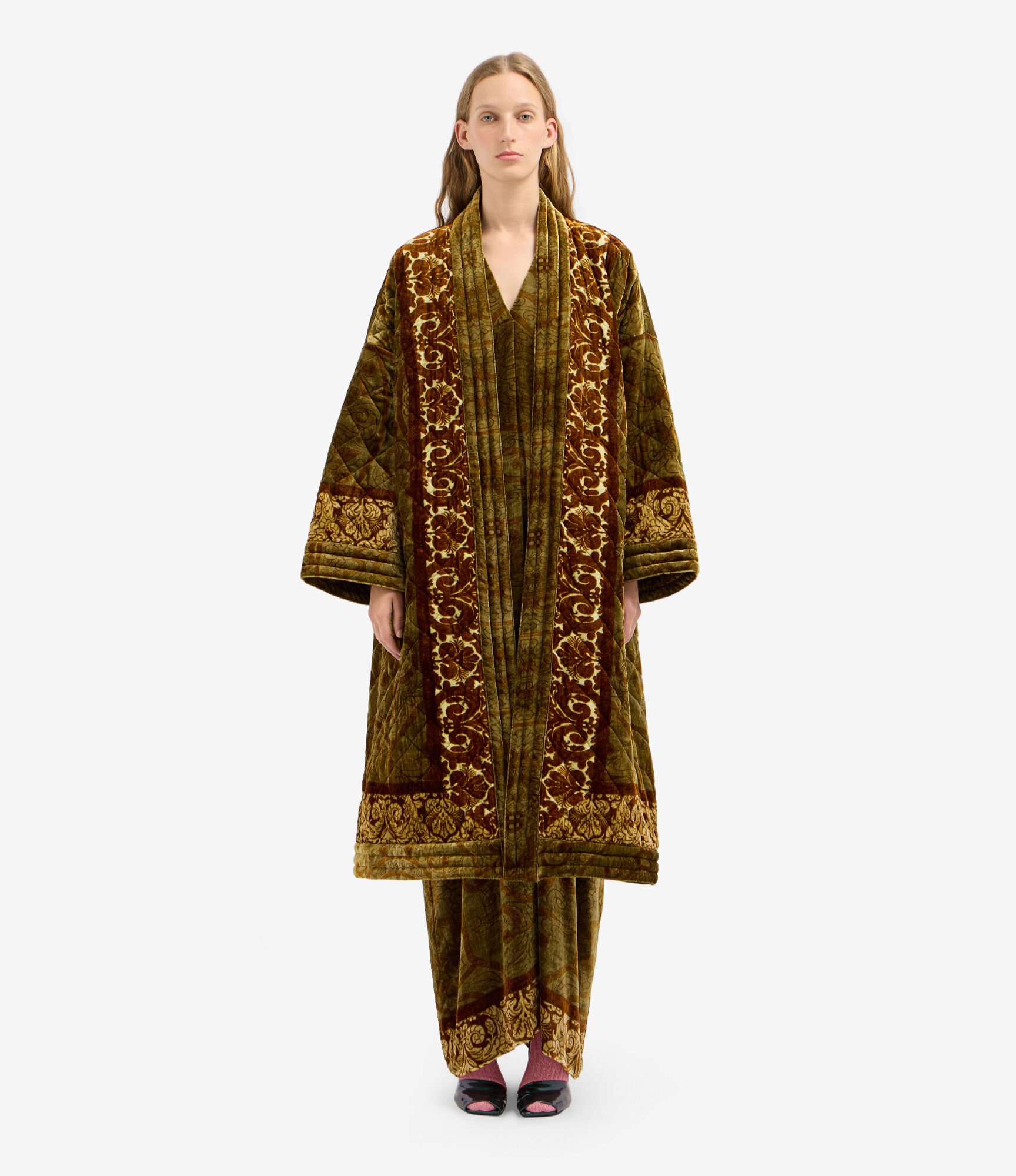 PIERRE-LOUIS MASCIA Padded Velvet Coat in Brown/Beige