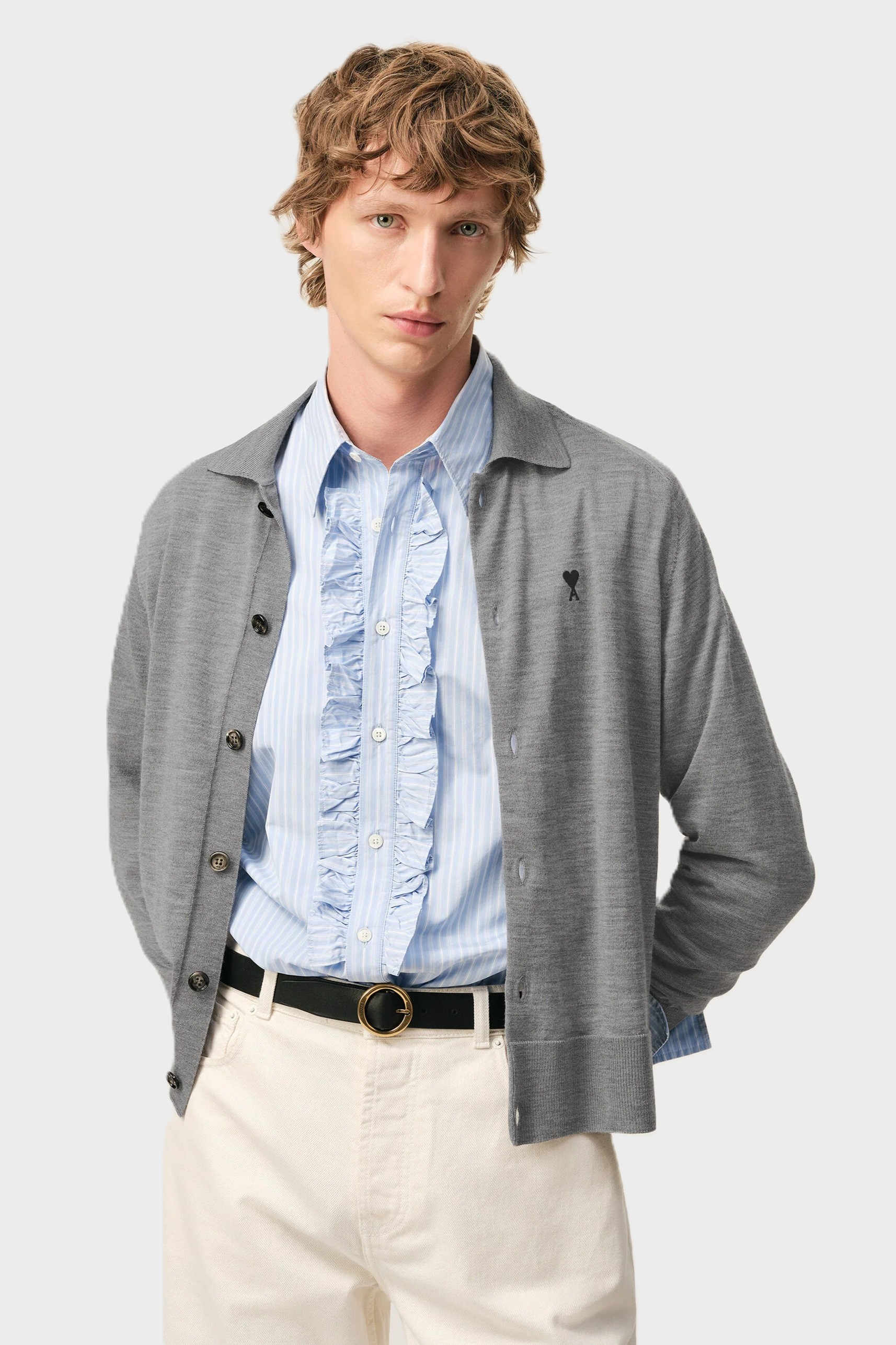 AMI PARIS de Coeur Extrafine Knit Collar Cardigan in Heather Grey