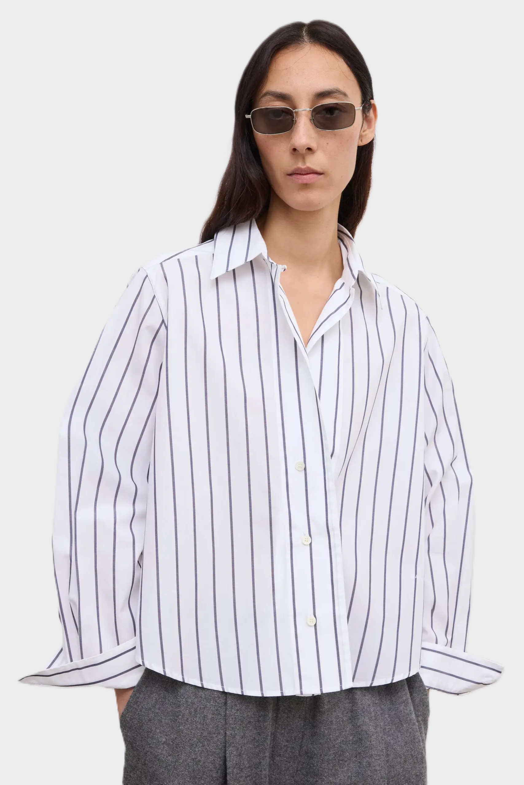DAGMAR Asymmetric Cropped Shirt in White / Black Stripes