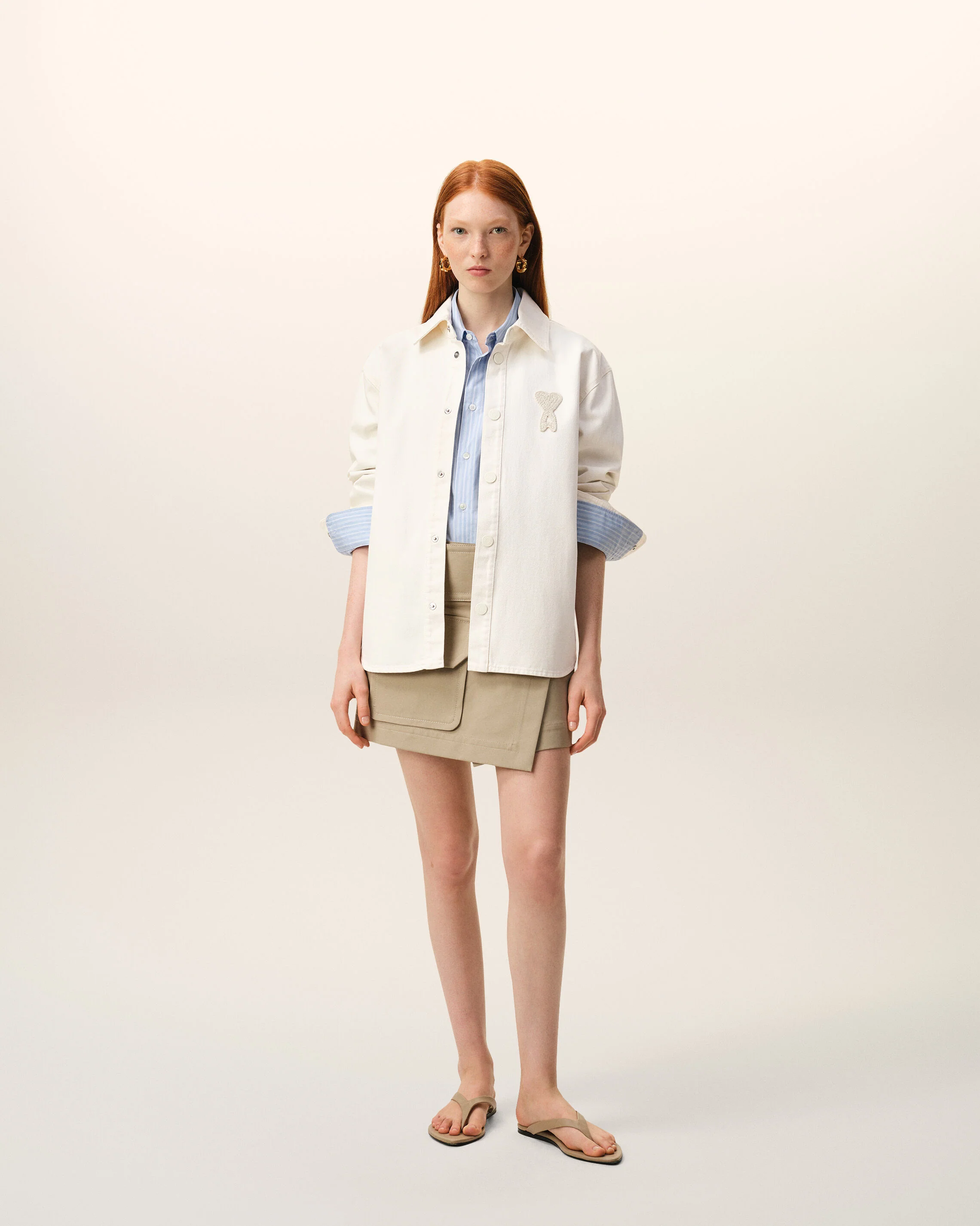 AMI PARIS de Coeur Cotton Twill Overshirt in White Cream